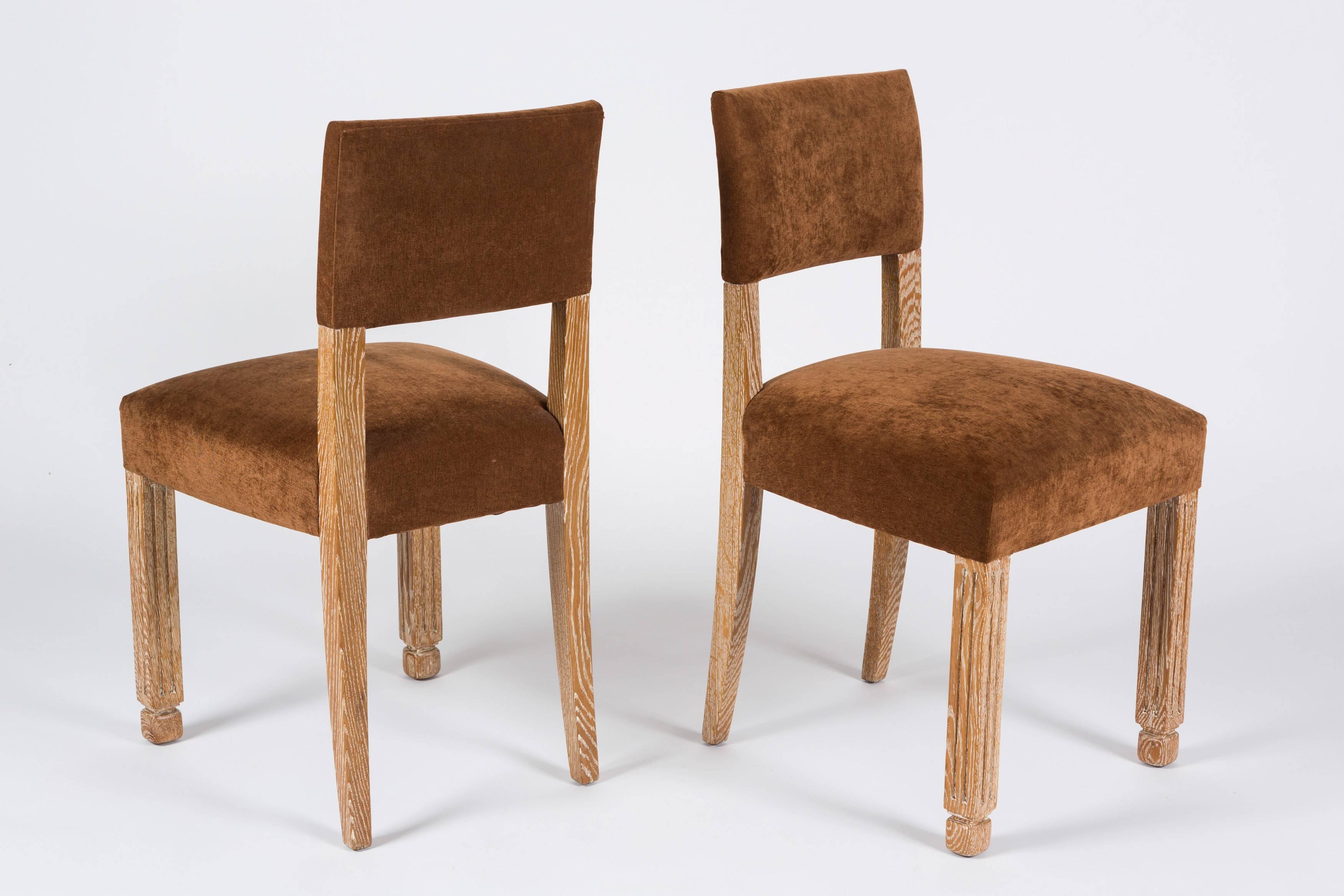 Mid-Century Modern Set of Four Mid-Century French Limed Oak and Velvet Chairs