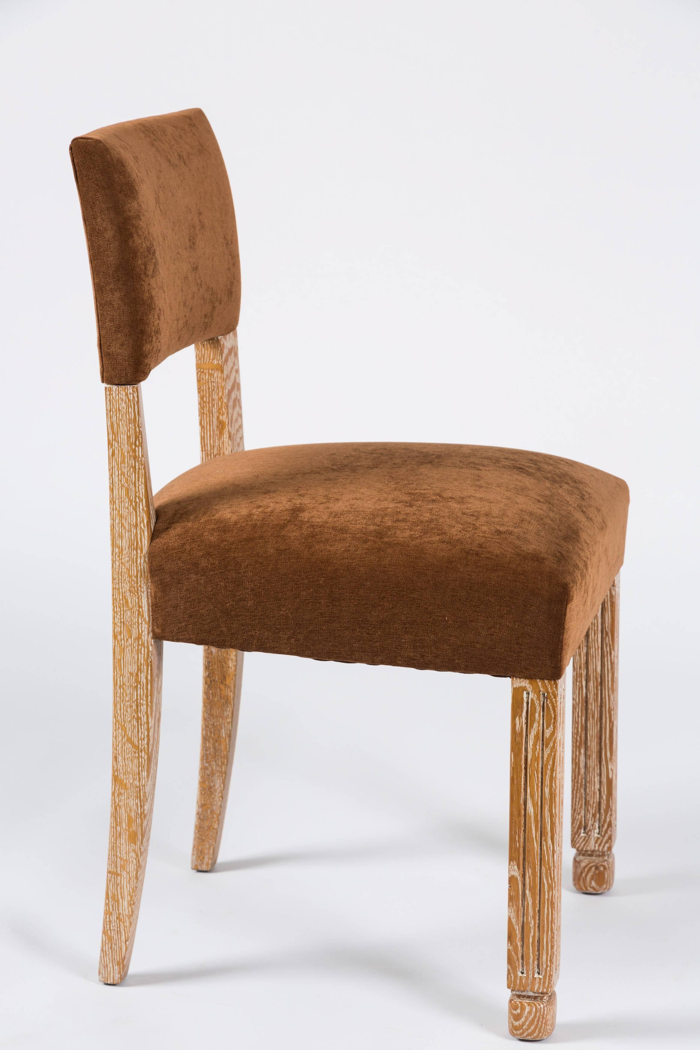 20th Century Set of Four Mid-Century French Limed Oak and Velvet Chairs