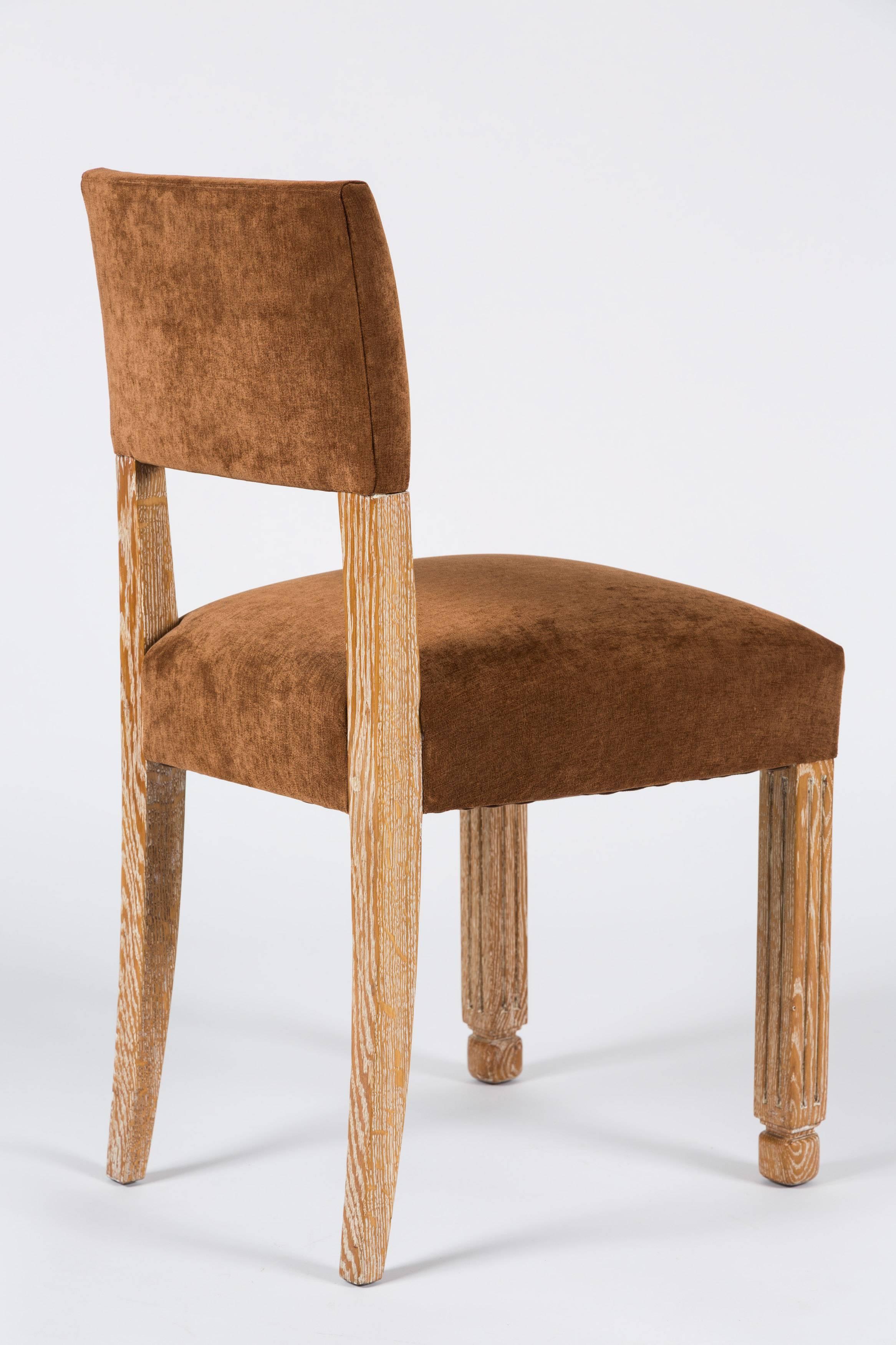Set of Four Mid-Century French Limed Oak and Velvet Chairs 1