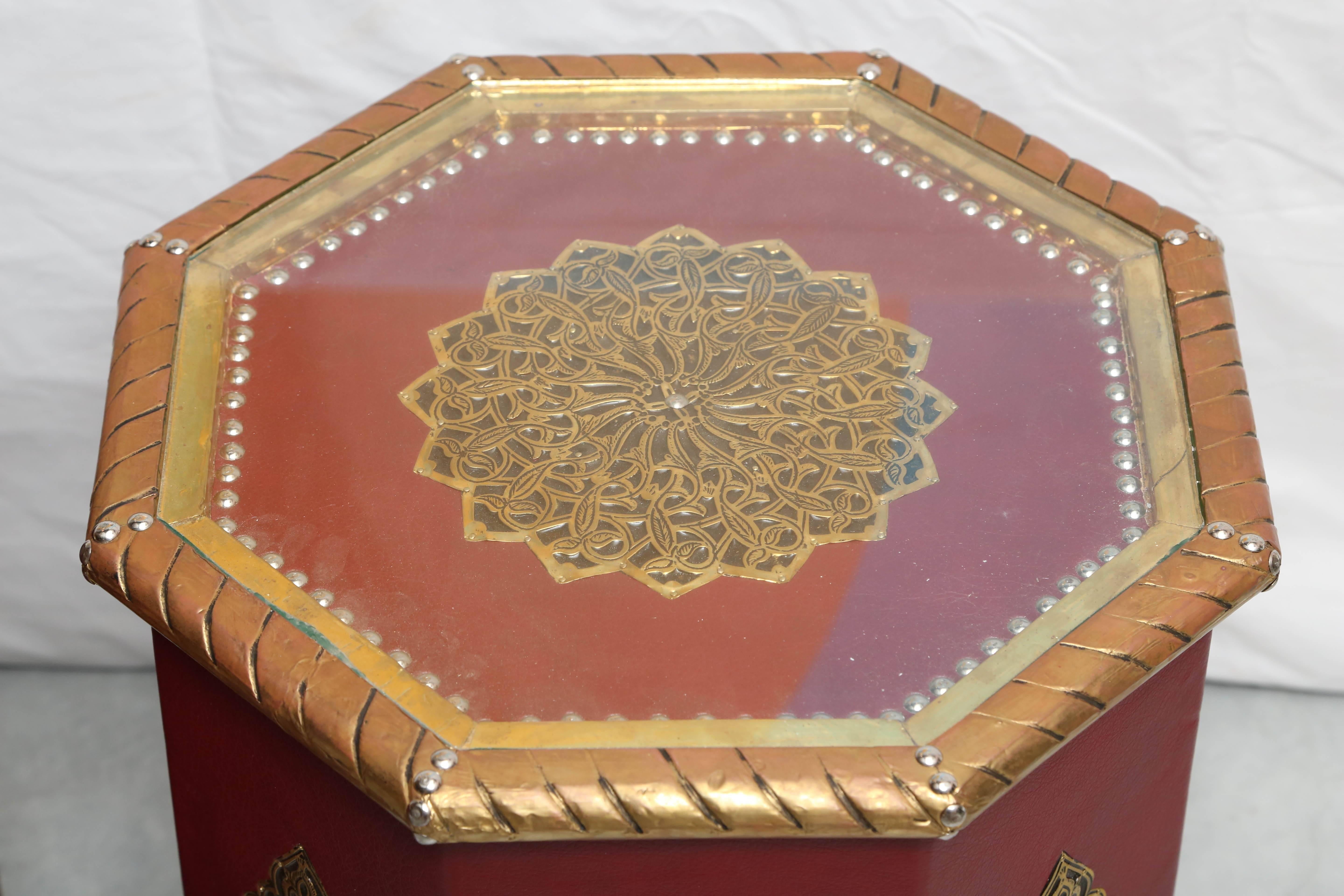 Moorish SALE !SALE! SALE !2 Moroccan Artisan, Handmade, Red Leather TABLES red and gold For Sale