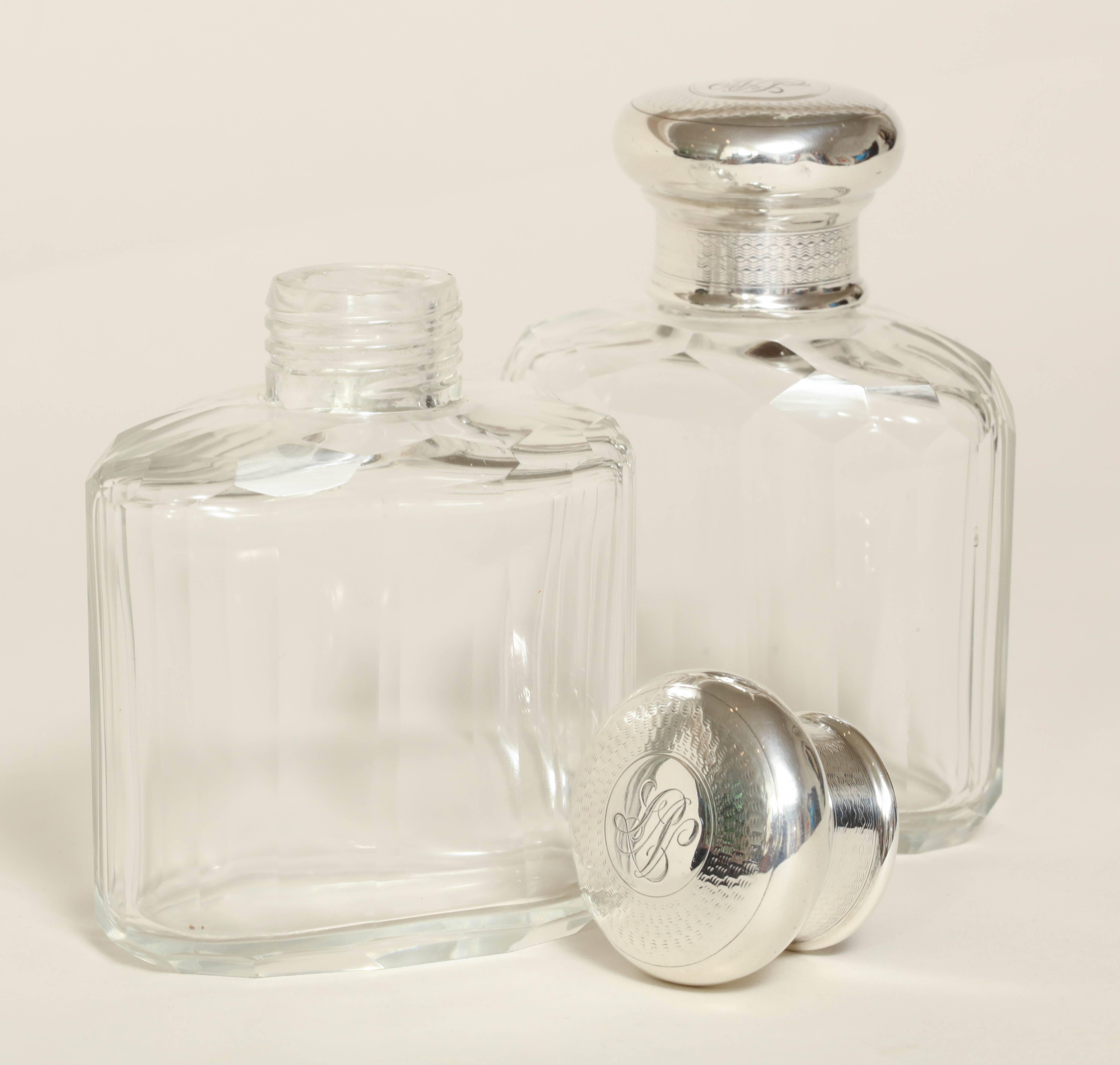 Sybil Dunlop English Art Deco Pair of Crystal & Sterling Silver Scent Bottles For Sale 2