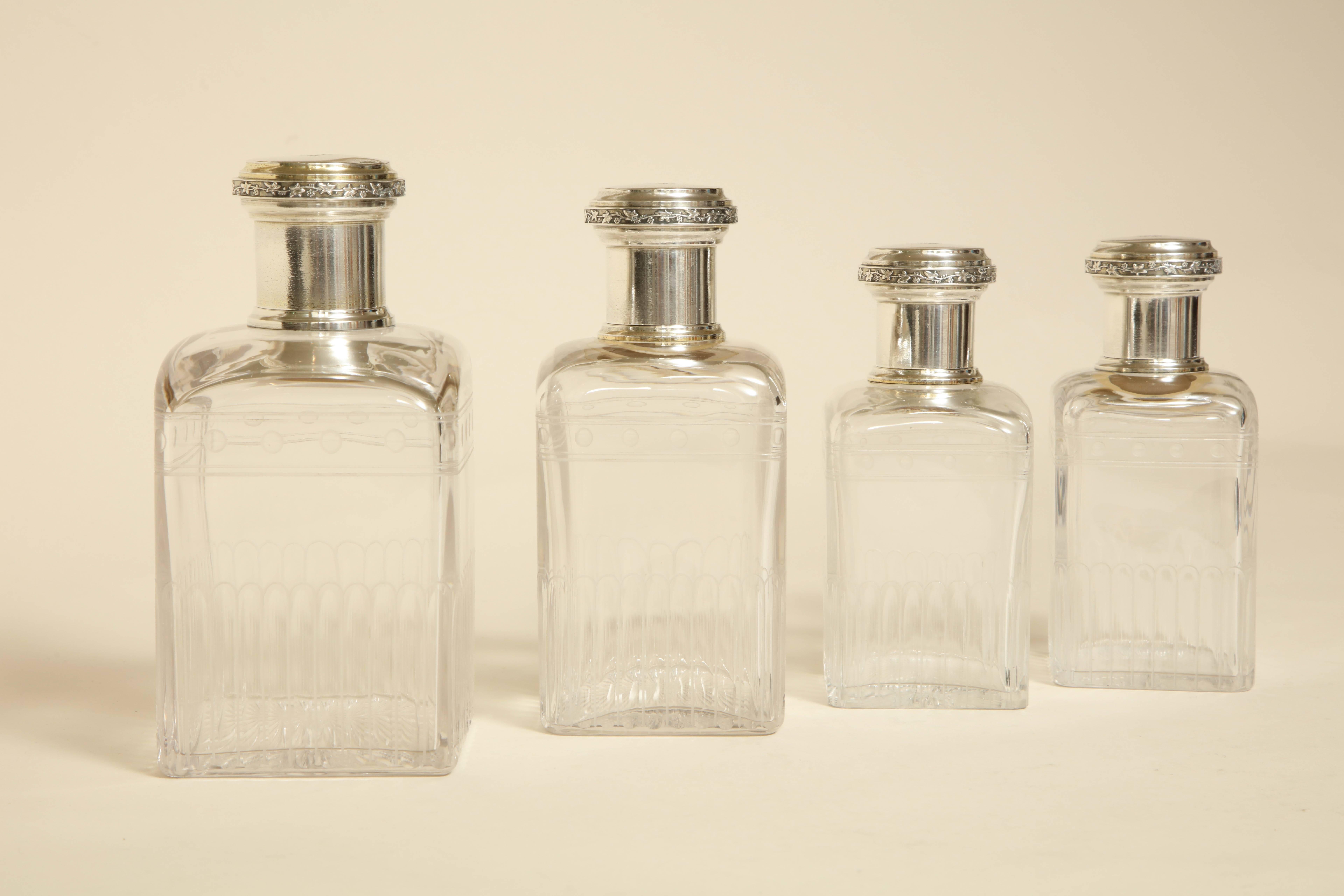 French Art Deco Set of Large Cut & Etched Glass Flacons with Sterling Silver Top In Excellent Condition For Sale In New York, NY