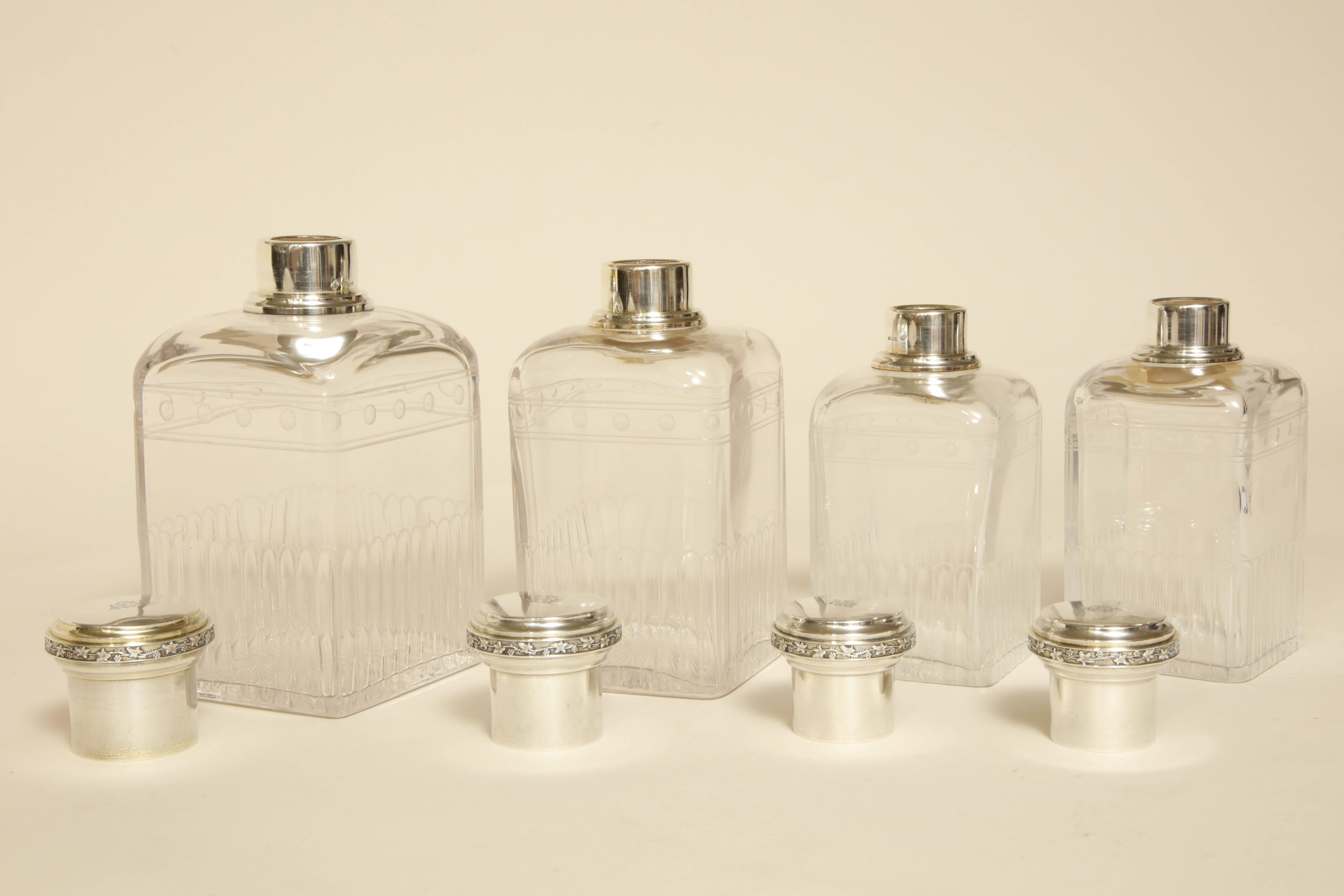 French Art Deco Set of Large Cut & Etched Glass Flacons with Sterling Silver Top For Sale 1