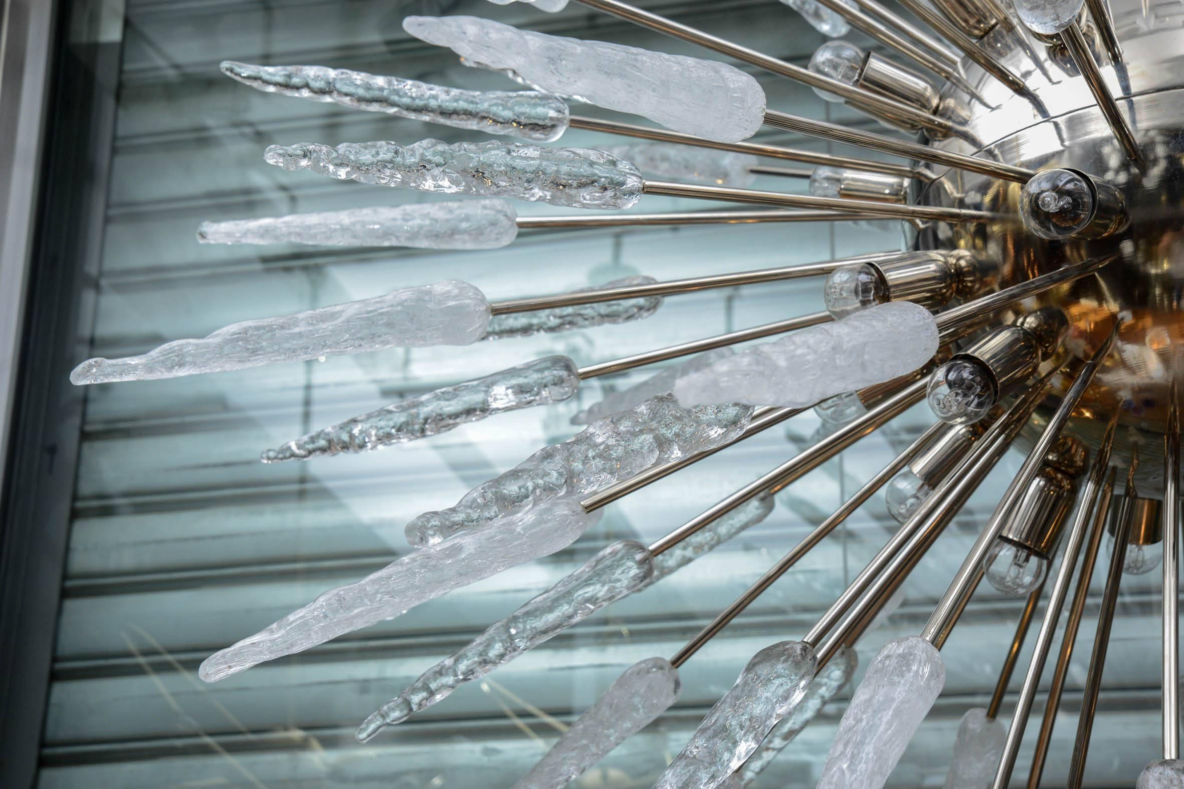 Mid-Century Modern Large Nickel Finished Sputnik Chandelier with Murano Glass Spikes For Sale