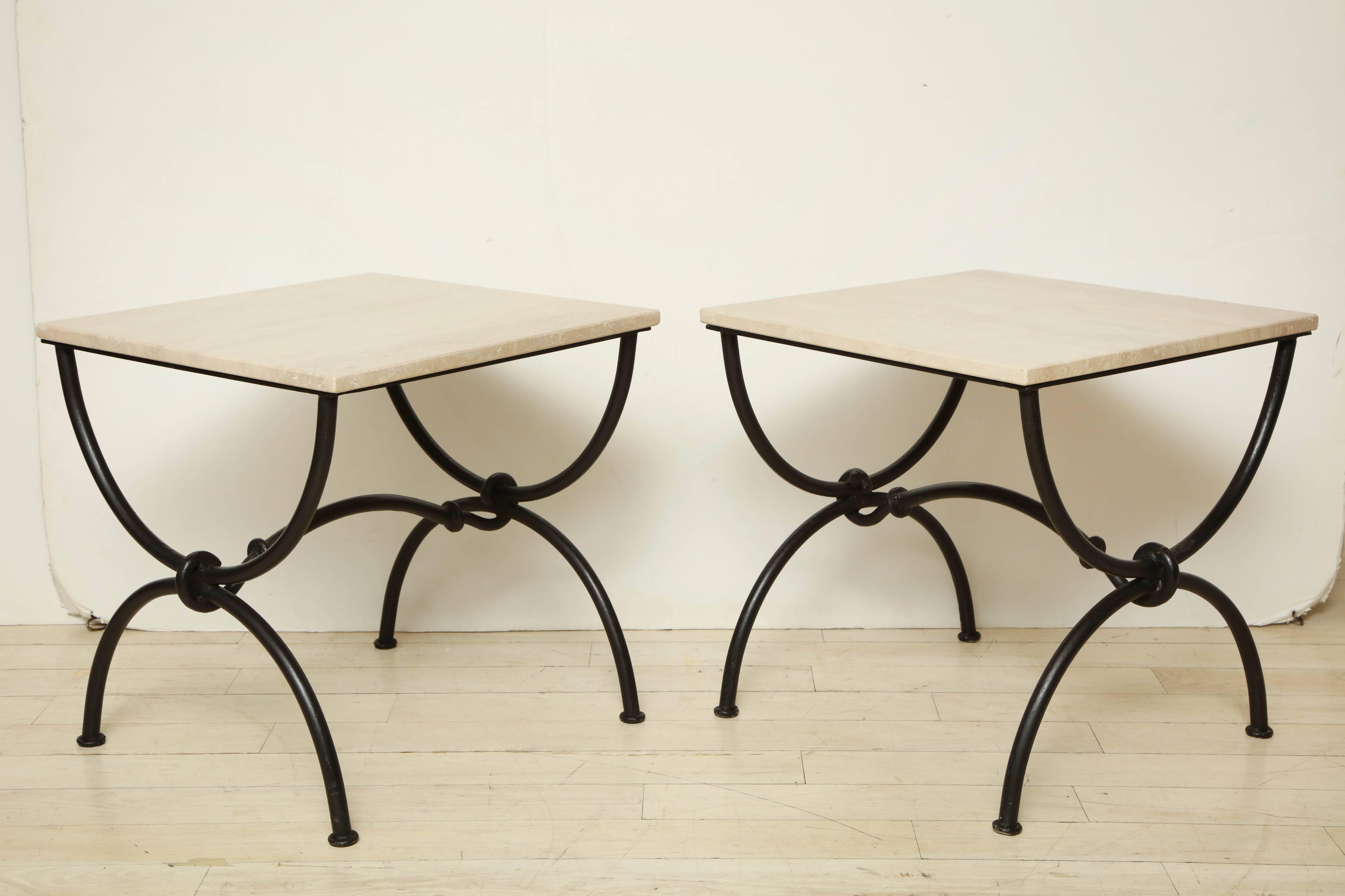 Art Deco Pair of Curule Form Iron Side Tables with Travertine Tops, France, circa 1940s