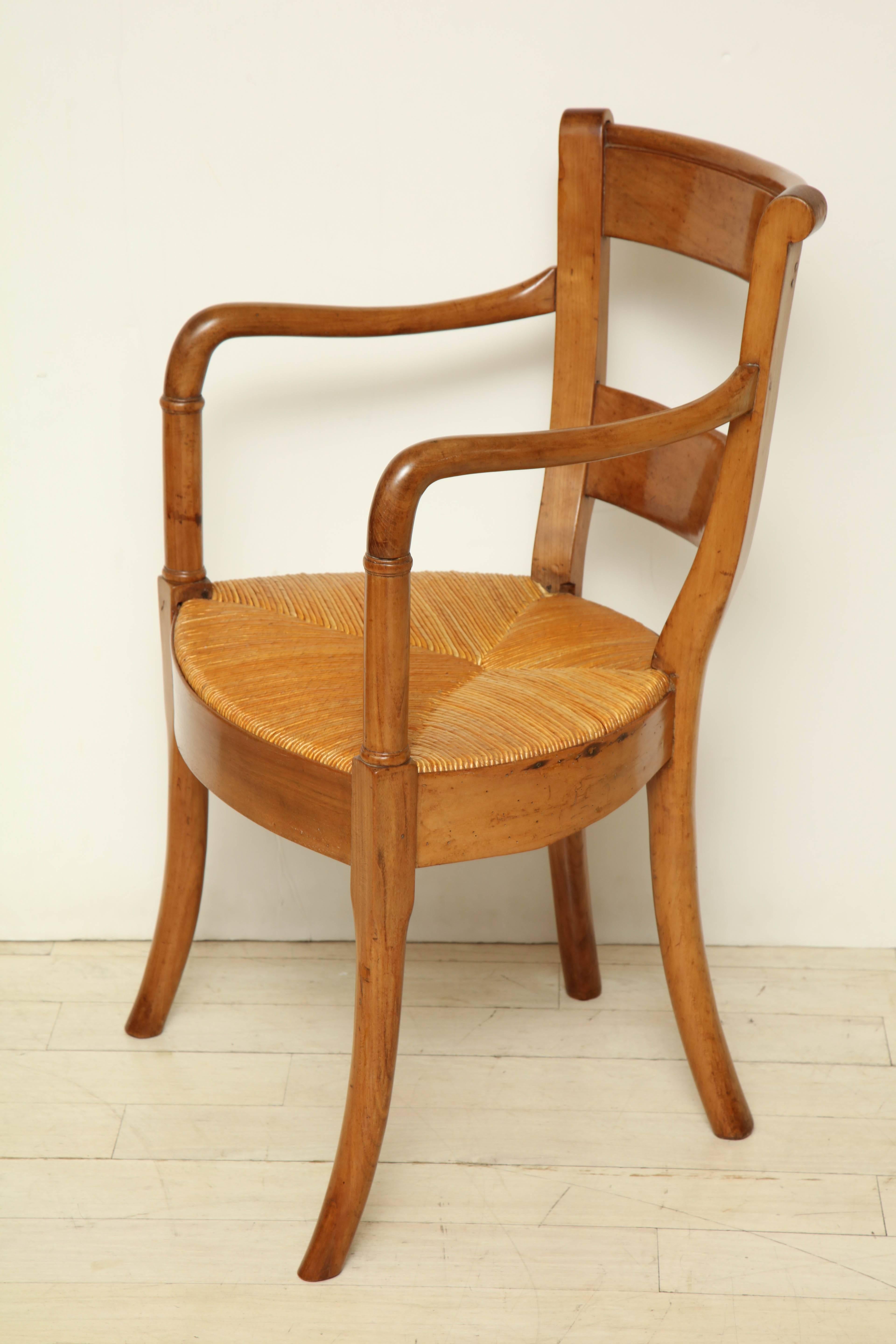 French Provincial Blond Walnut Armchair with Rush Seat, circa 1880 In Excellent Condition In New York, NY