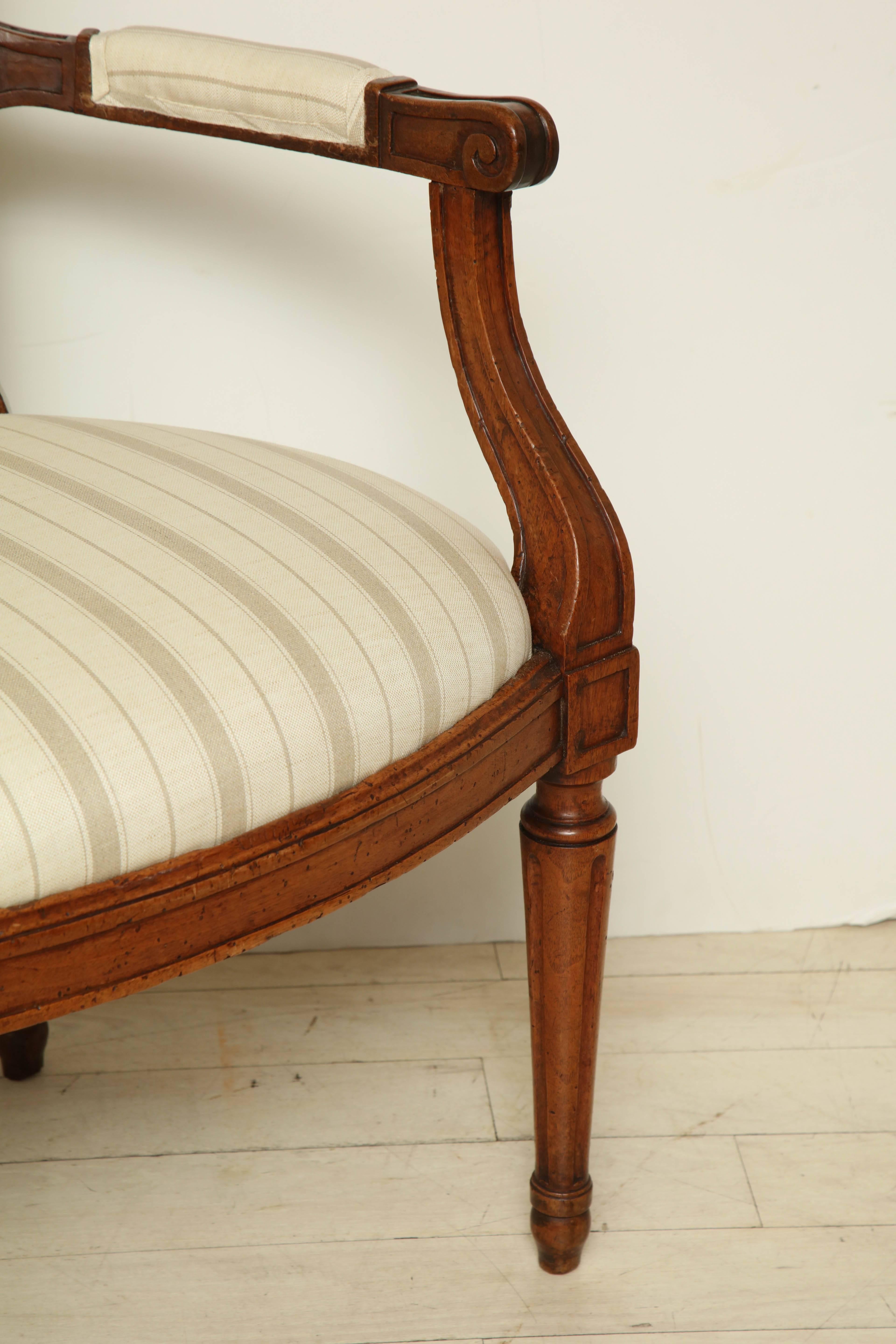 Pair of 18th Century Italian Walnut Armchairs Upholstered in Striped Linen 1