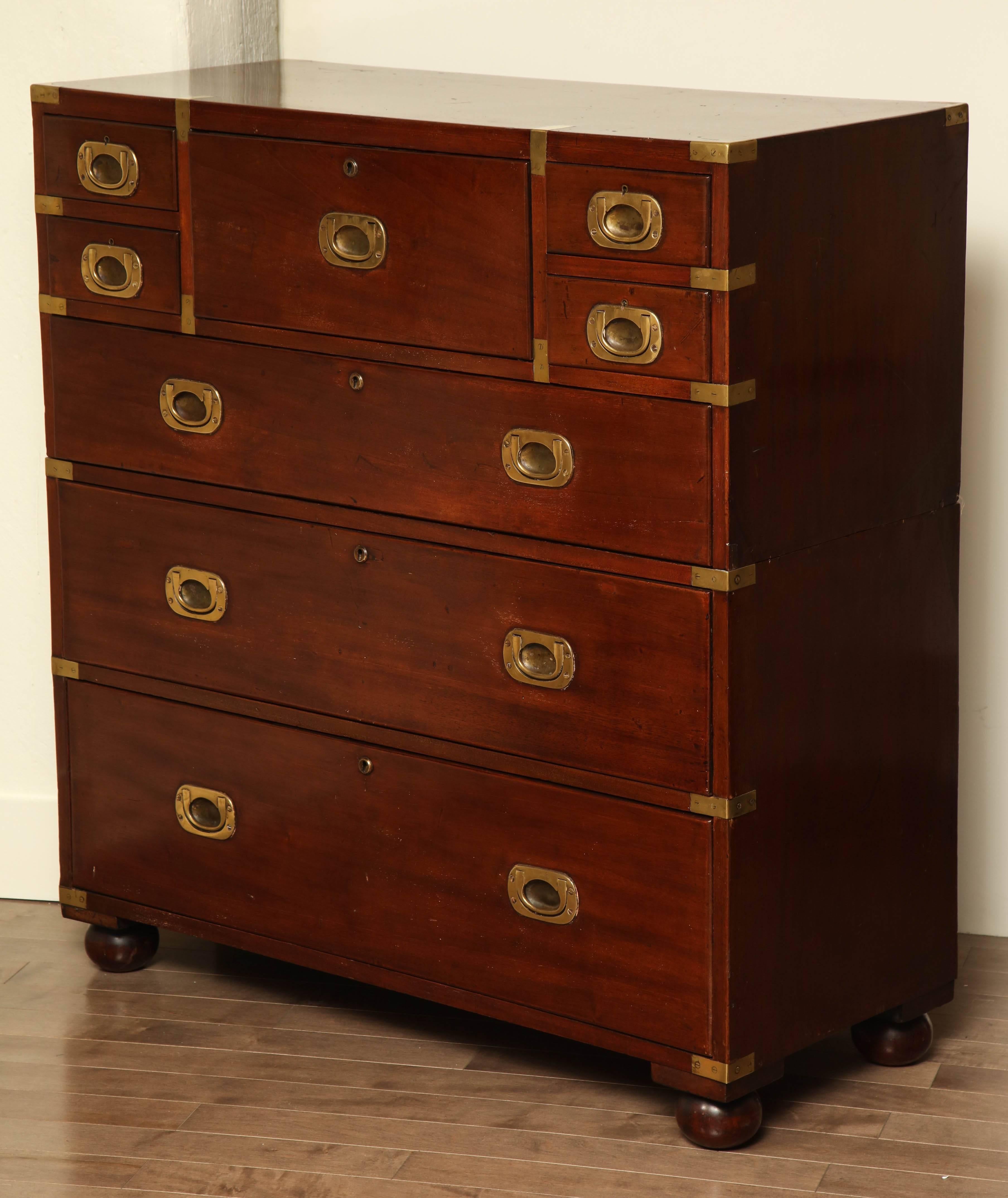 19th Century English, Mahogany and Brass Mounted Campaign Chest in Two Pieces 2