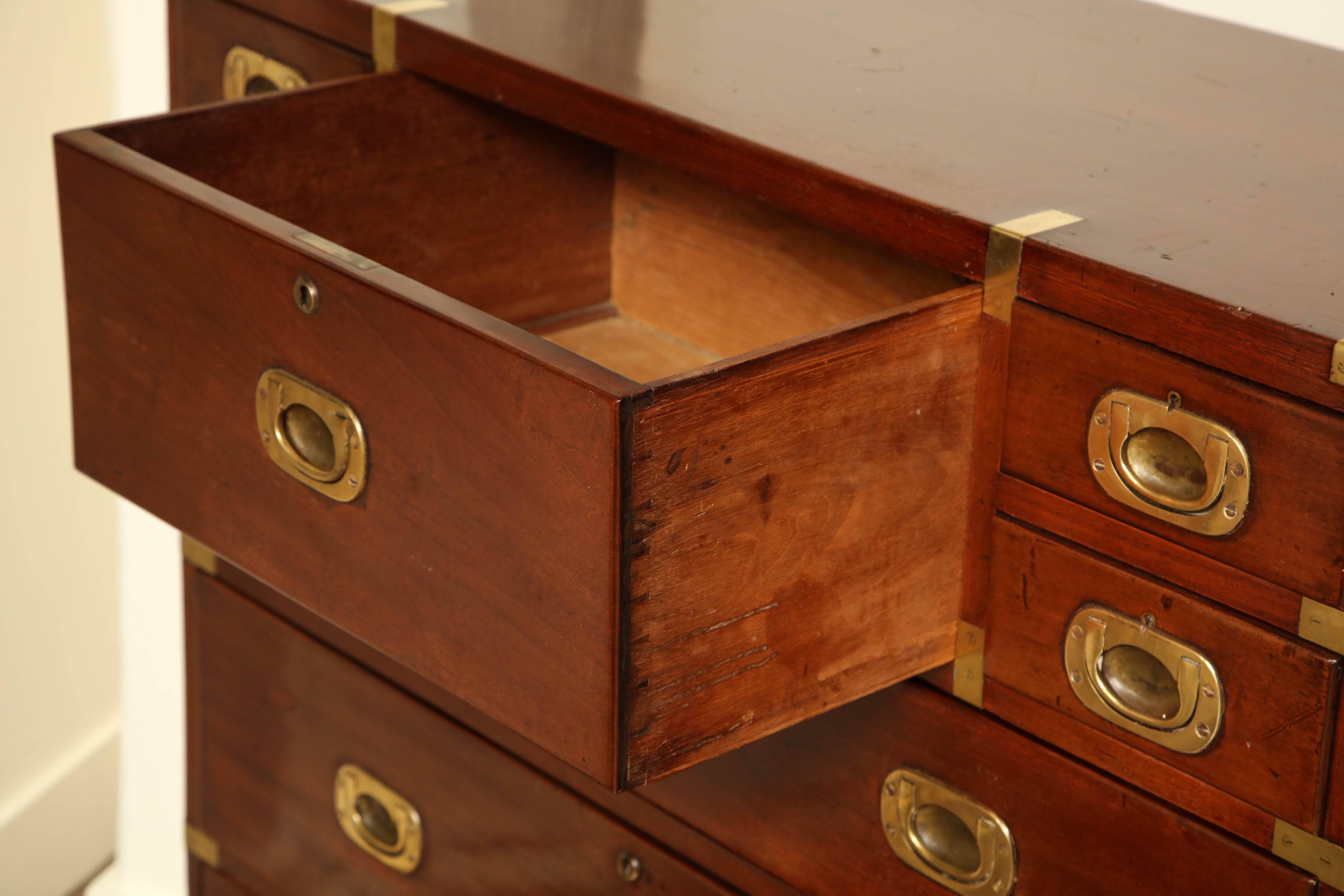 19th Century English, Mahogany and Brass Mounted Campaign Chest in Two Pieces 3