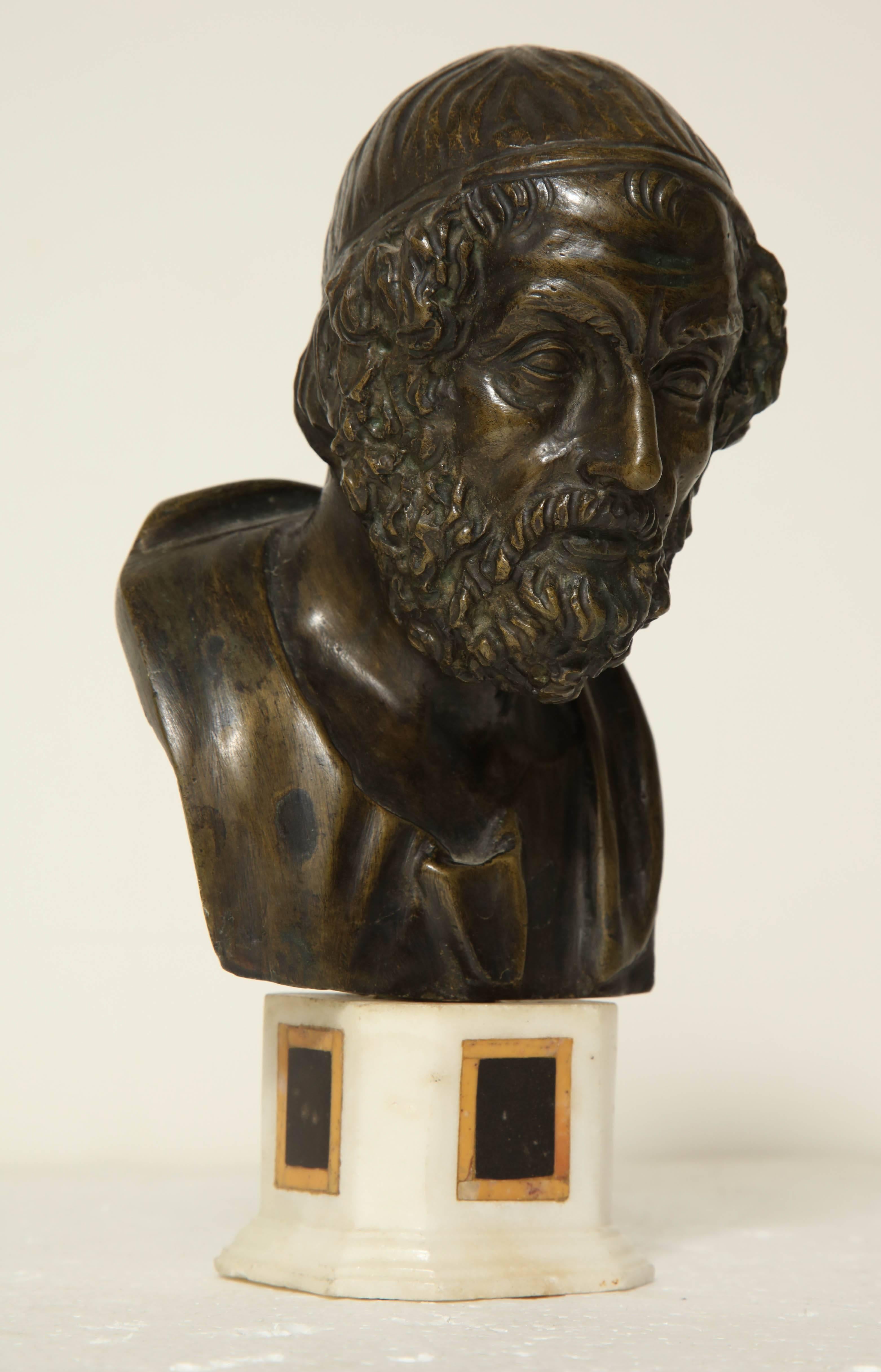 19th century Italian bronze bust of Homer on marble socle.