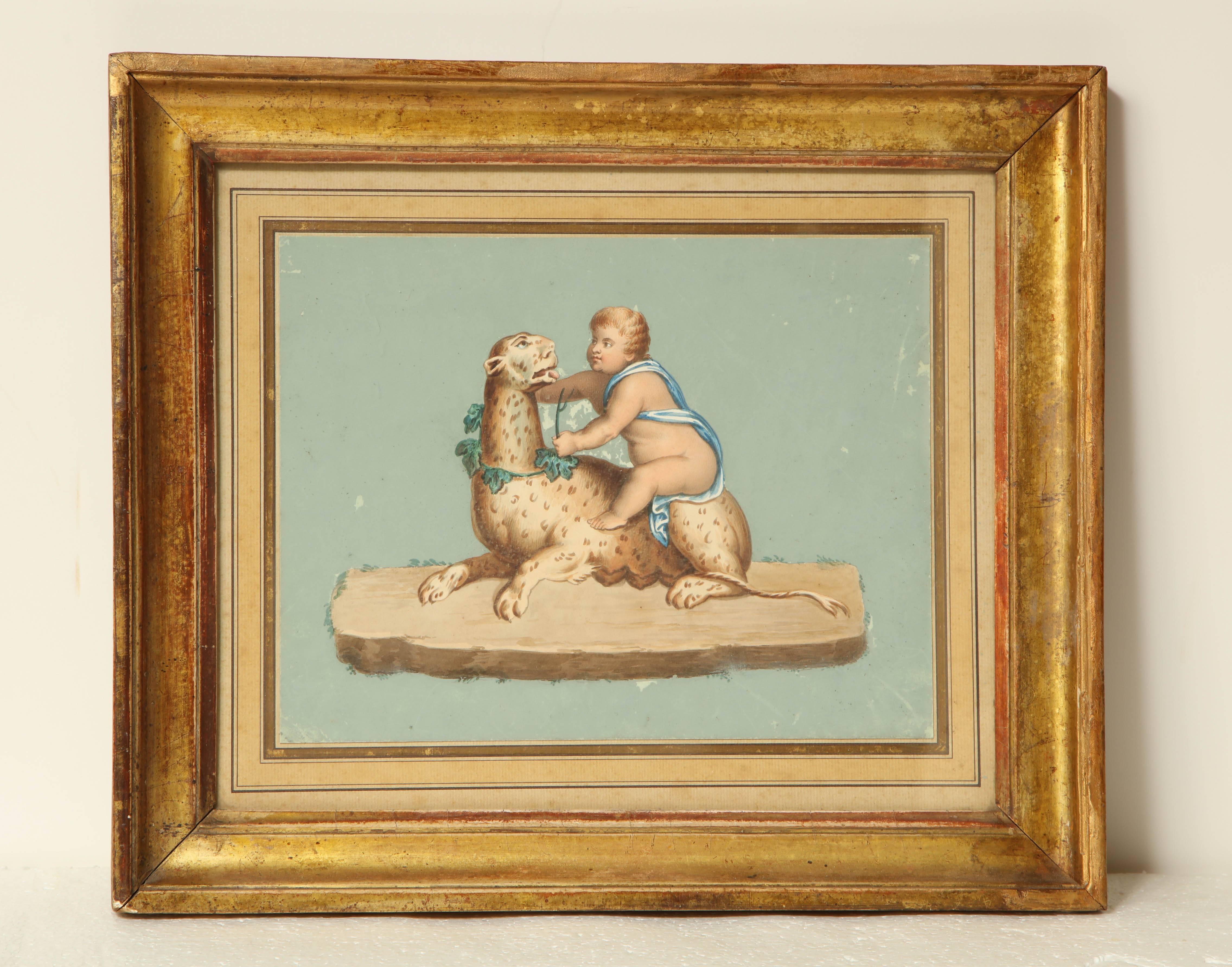 19th century Italian Gouache in a gilded frame, in the Pompeian taste.