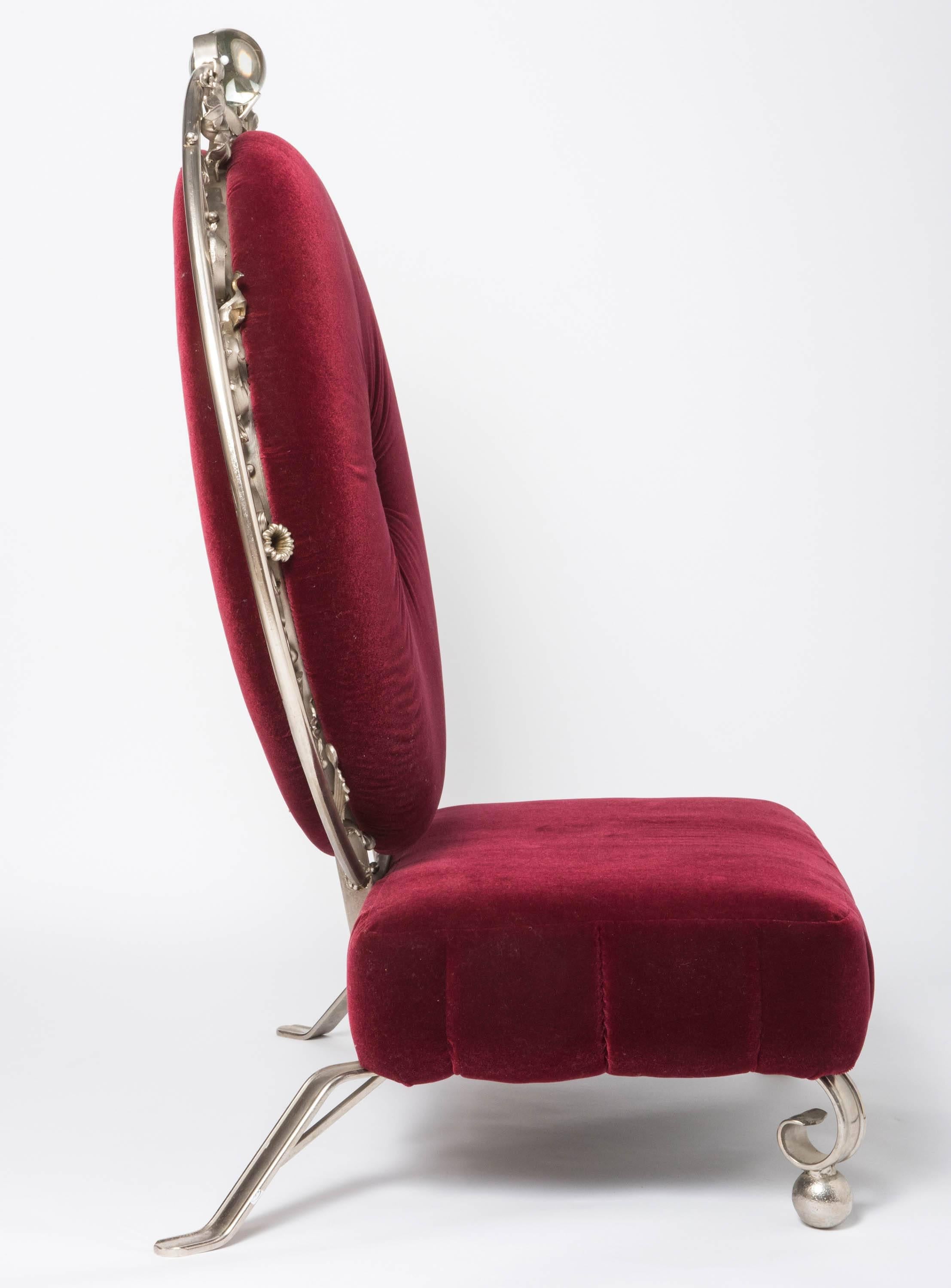 A rare pair of Throne chairs by Mark Brazier-Jones.
Commissioned by Jeffery West.
Hand-forged steel, crystal glass balls.
Covered in original Red mohair velvet.
England, circa 2010.
Measures: 142 cm high x 110 cm wide x 95 cm deep, seat height