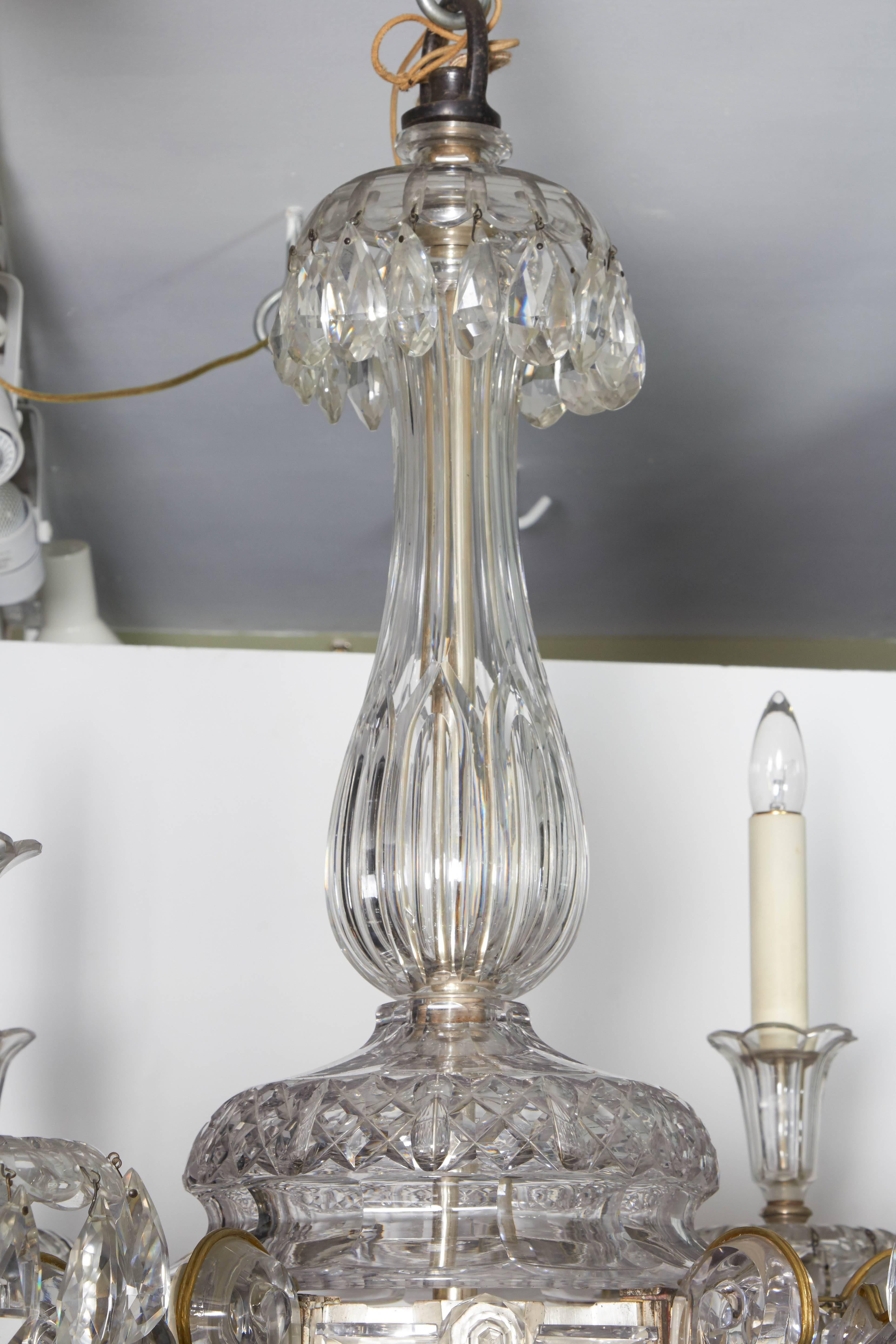 An exceptional French Art Deco molded and cut crystal chandelier, the central stem issuing six out-scrolled candle-branches suspending lustre drops, terminating in a spherical boss, attributed to Compagnie Des Cristalleries De Baccarat, Paris, circa