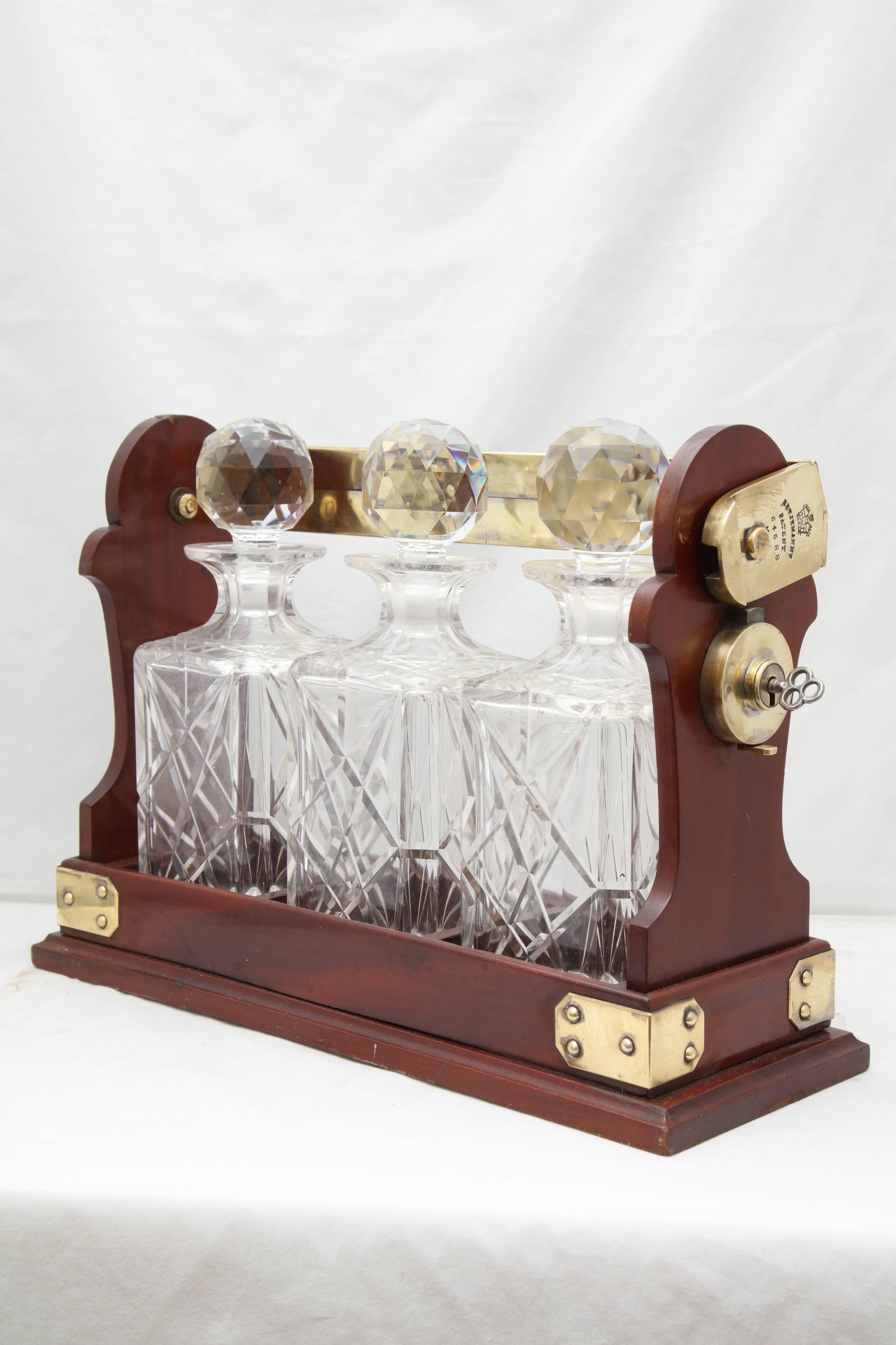 Edwardian Brass-Mounted Wood Three Bottle Tantalus 1