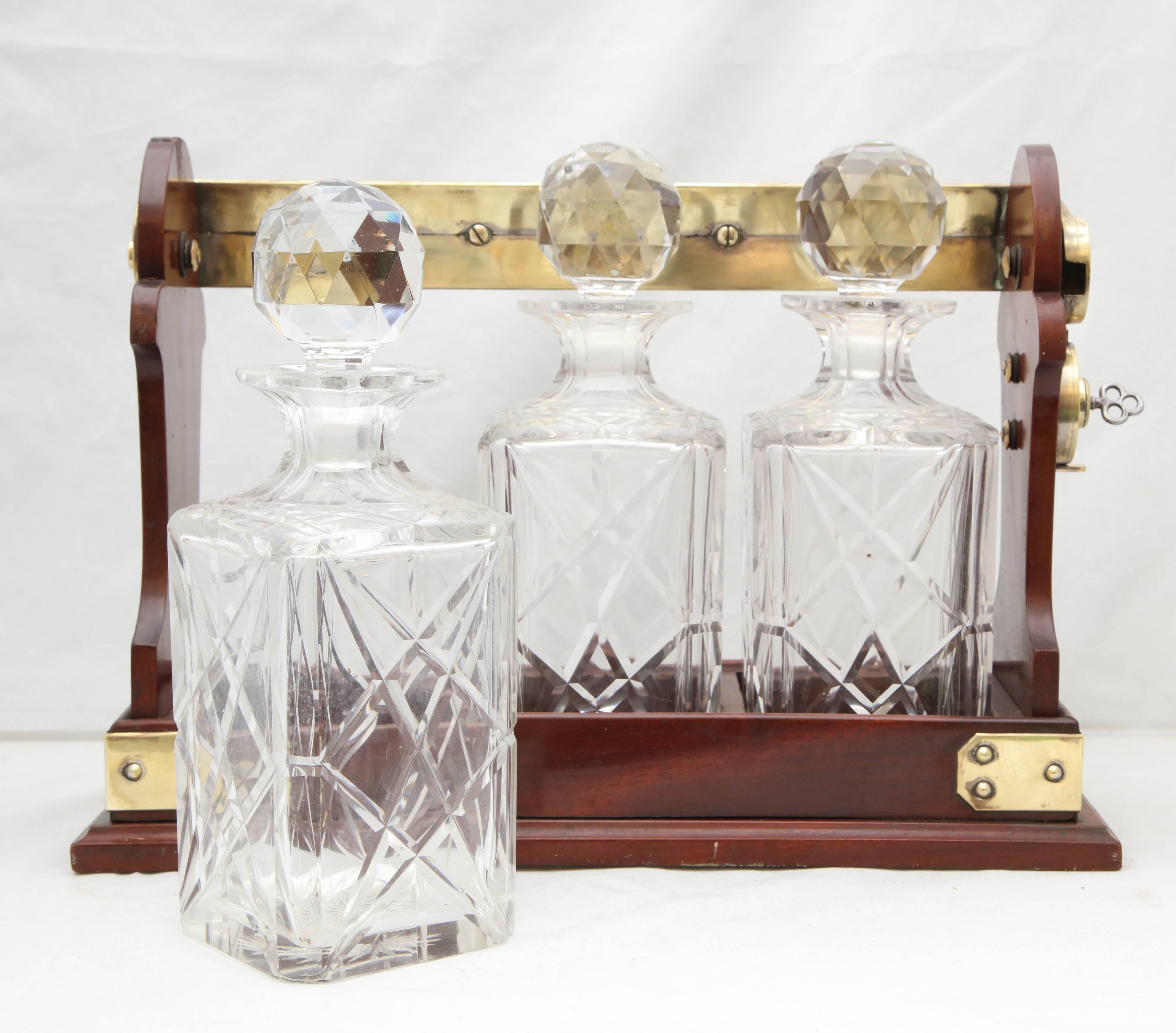 Edwardian Brass-Mounted Wood Three Bottle Tantalus 2