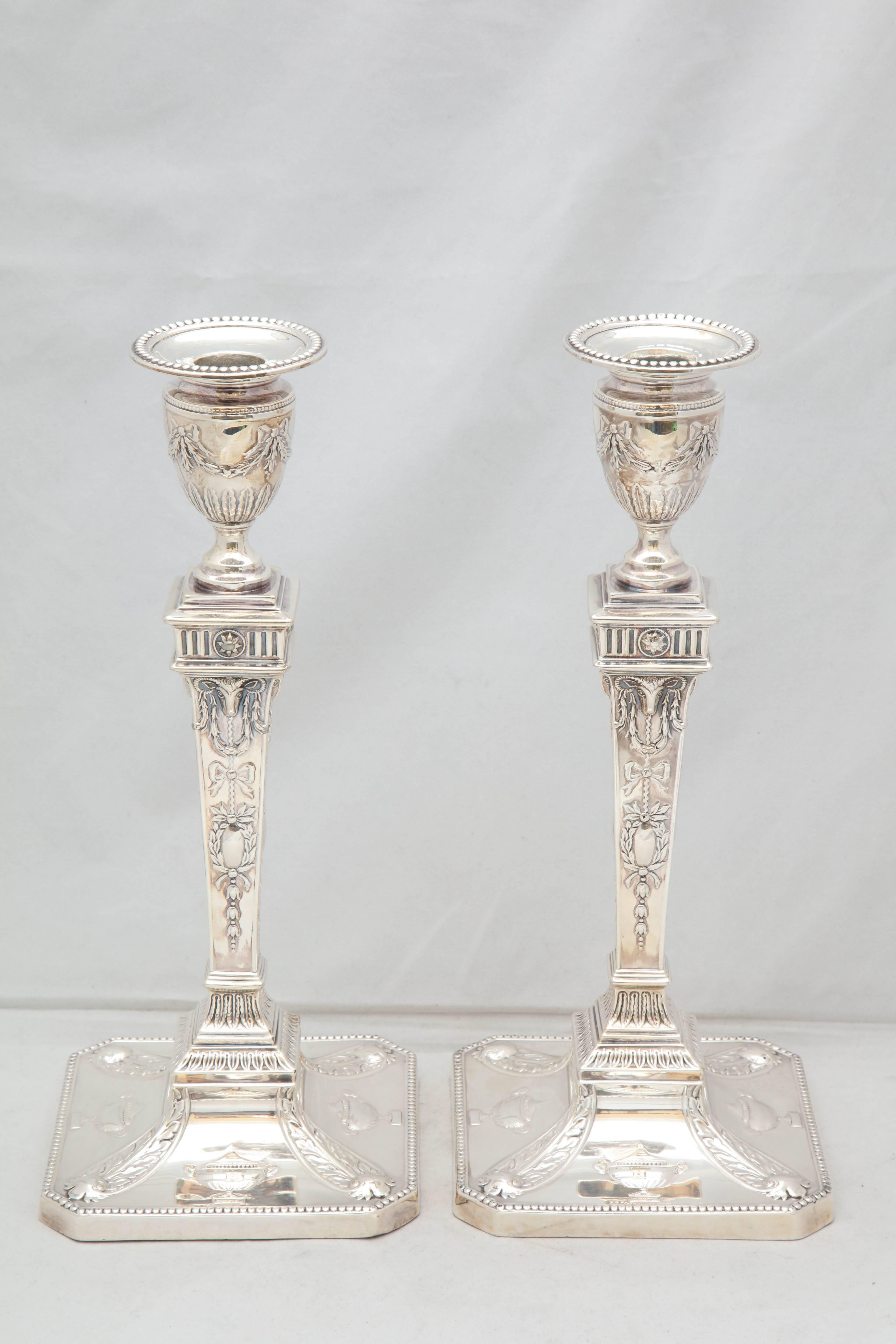 English Tall Pair of Edwardian Sterling Silver Adam Style Candlesticks