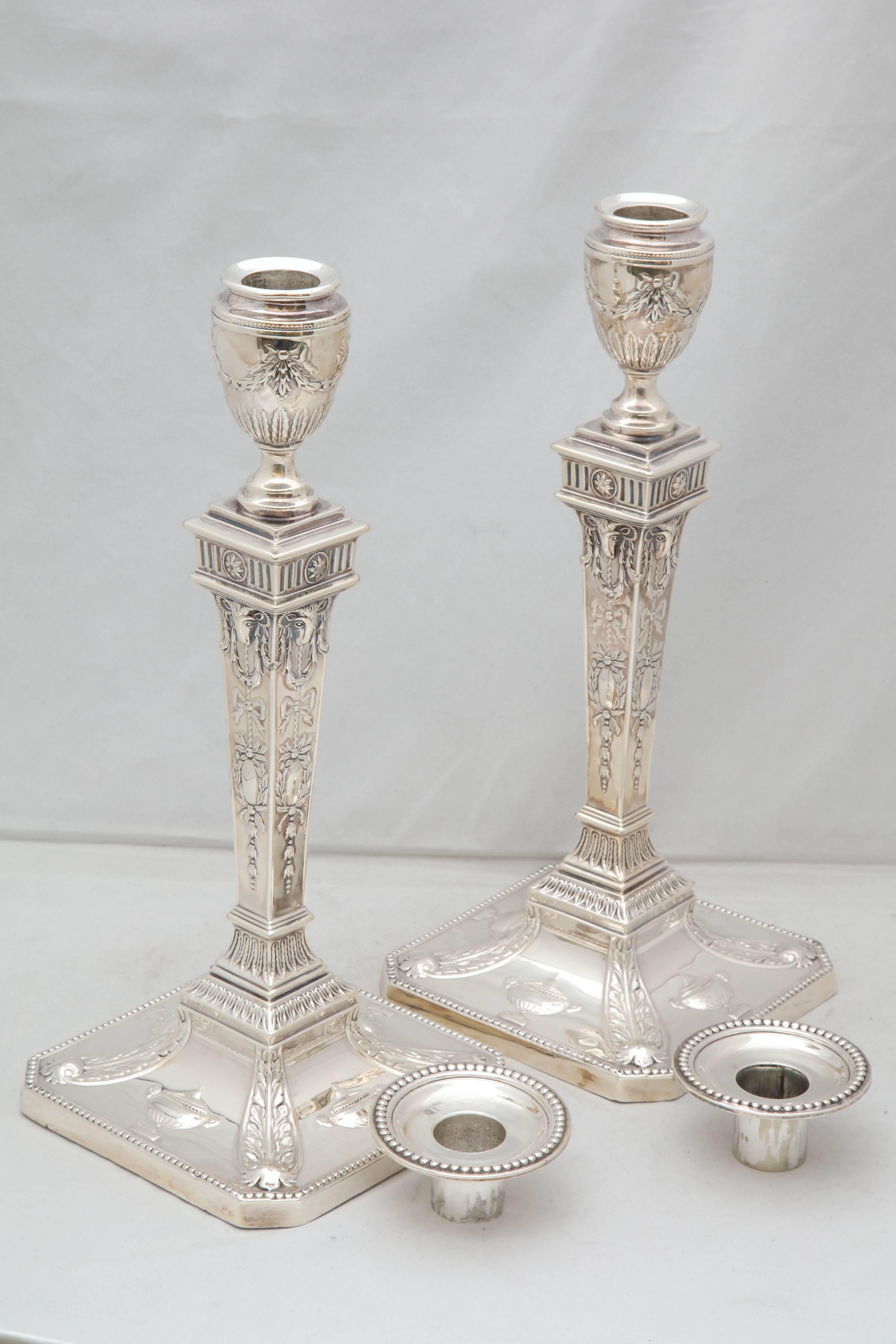 Early 20th Century Tall Pair of Edwardian Sterling Silver Adam Style Candlesticks