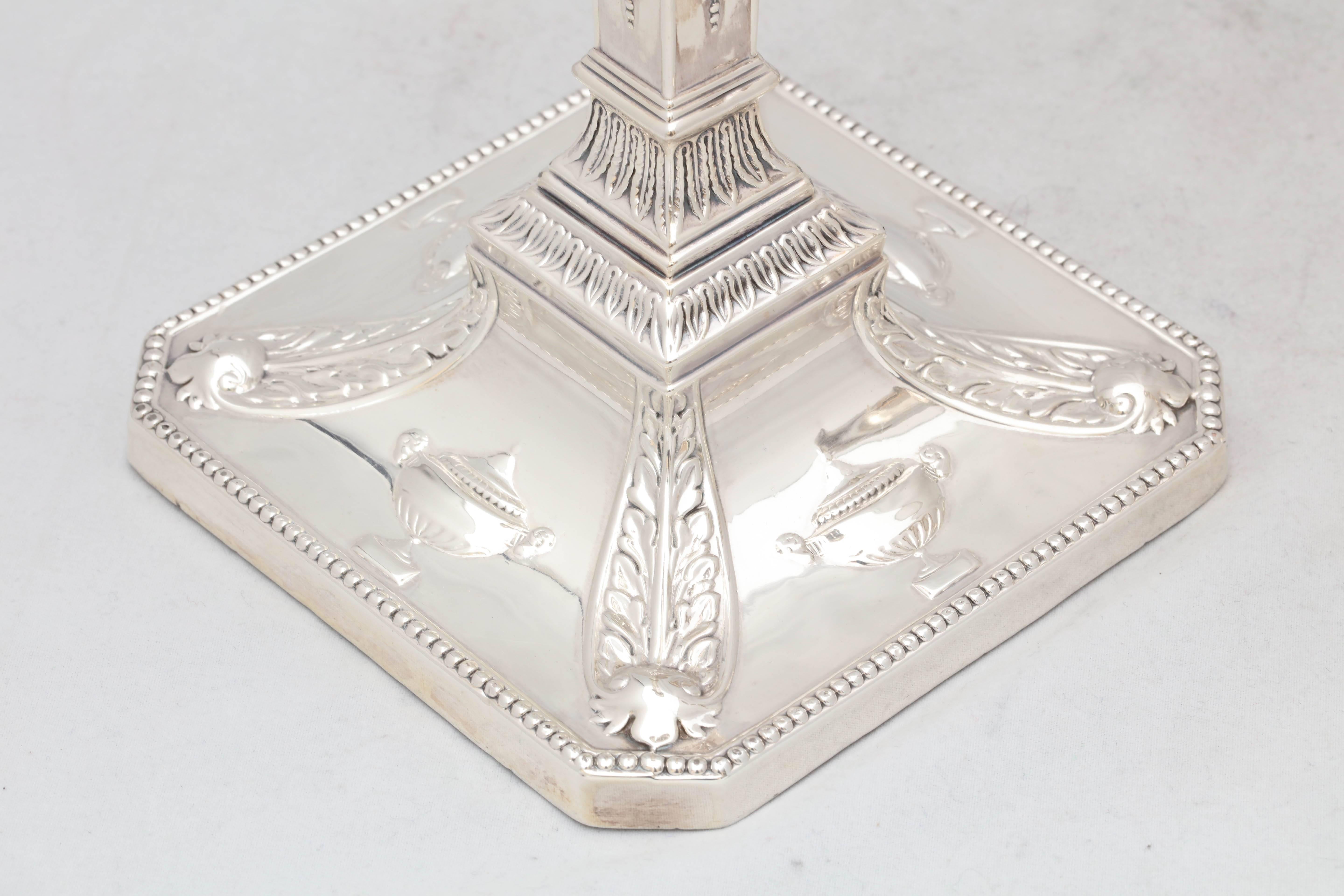 Tall Pair of Edwardian Sterling Silver Adam Style Candlesticks 2