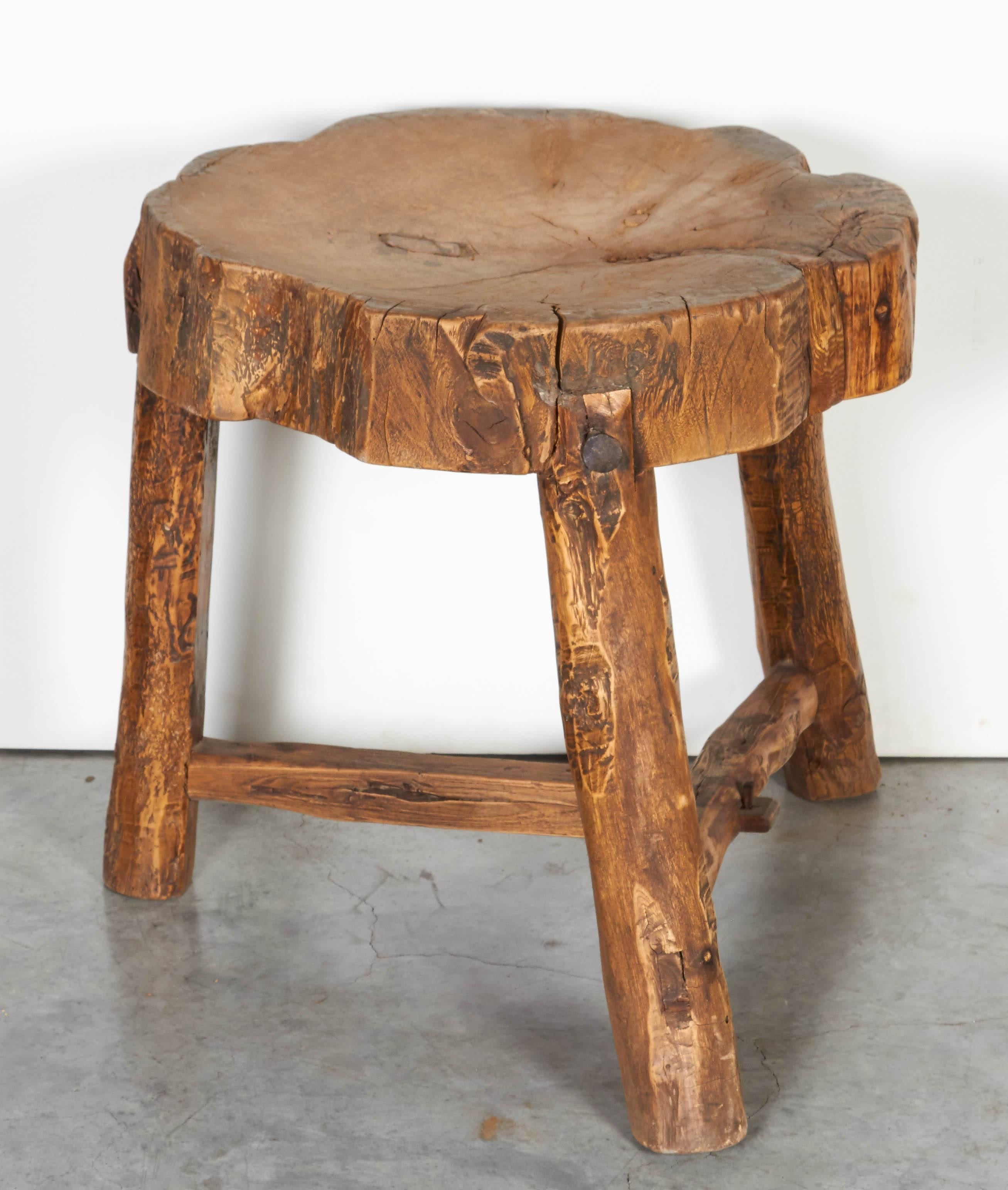 Chinese Organically Shaped Rustic Butcher Block Stool