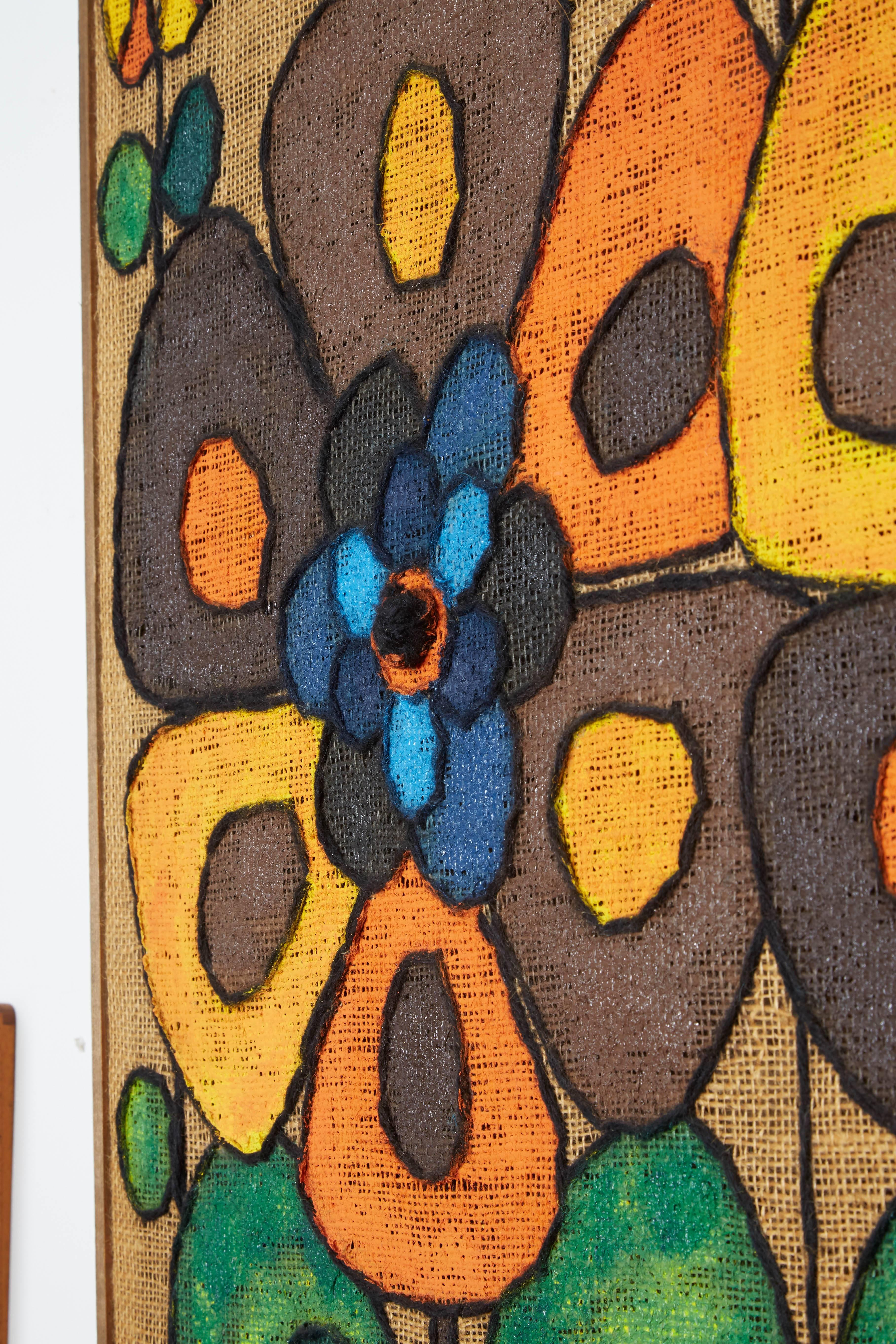 Flower Power Oil Painting on Burlap In Excellent Condition In New York, NY