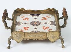 19th Century Imari Painted Tile in Etched Brass Tray