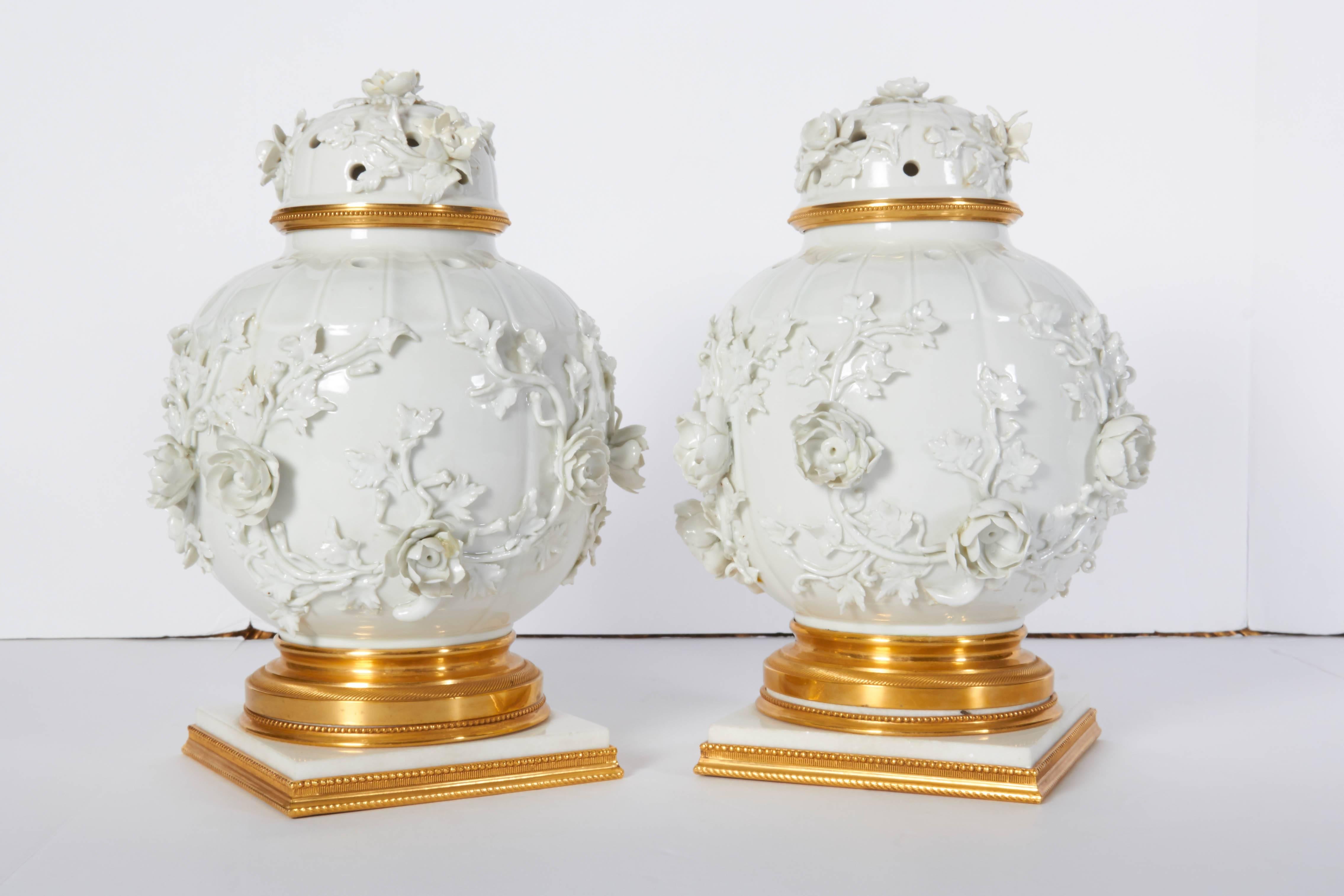 19th Century Chinese Blanc de Chine Porcelain & Ormolu-Mounted Potpouri Vases and Cover, Pair