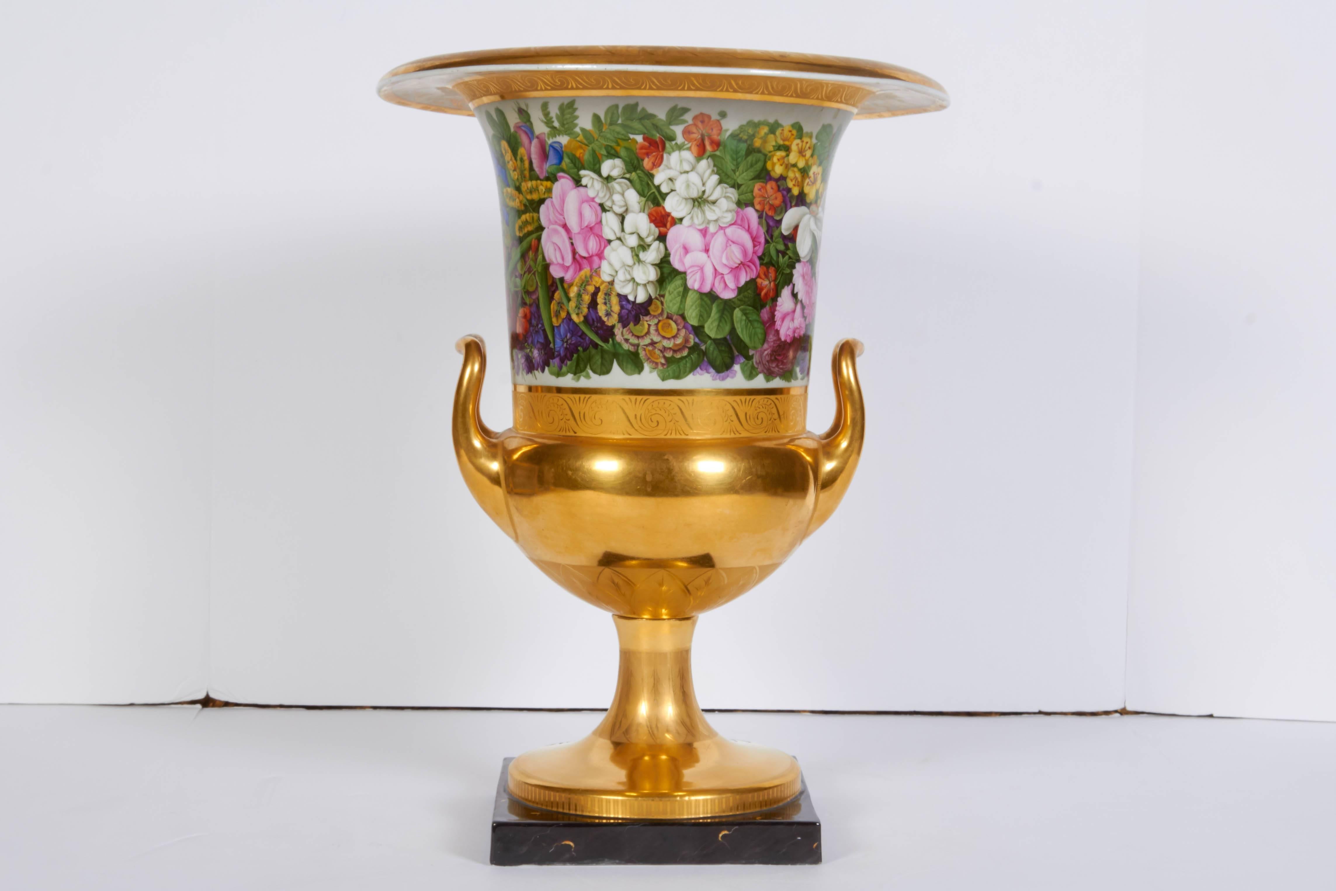 German Antique Neoclassical, Empire Period, Berlin-KPM Gold Ground Campana Vase For Sale