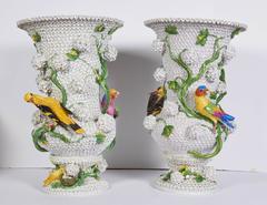 Monumental Pair of Meissen Porcelain Snowball Vases with Parrots and Birds