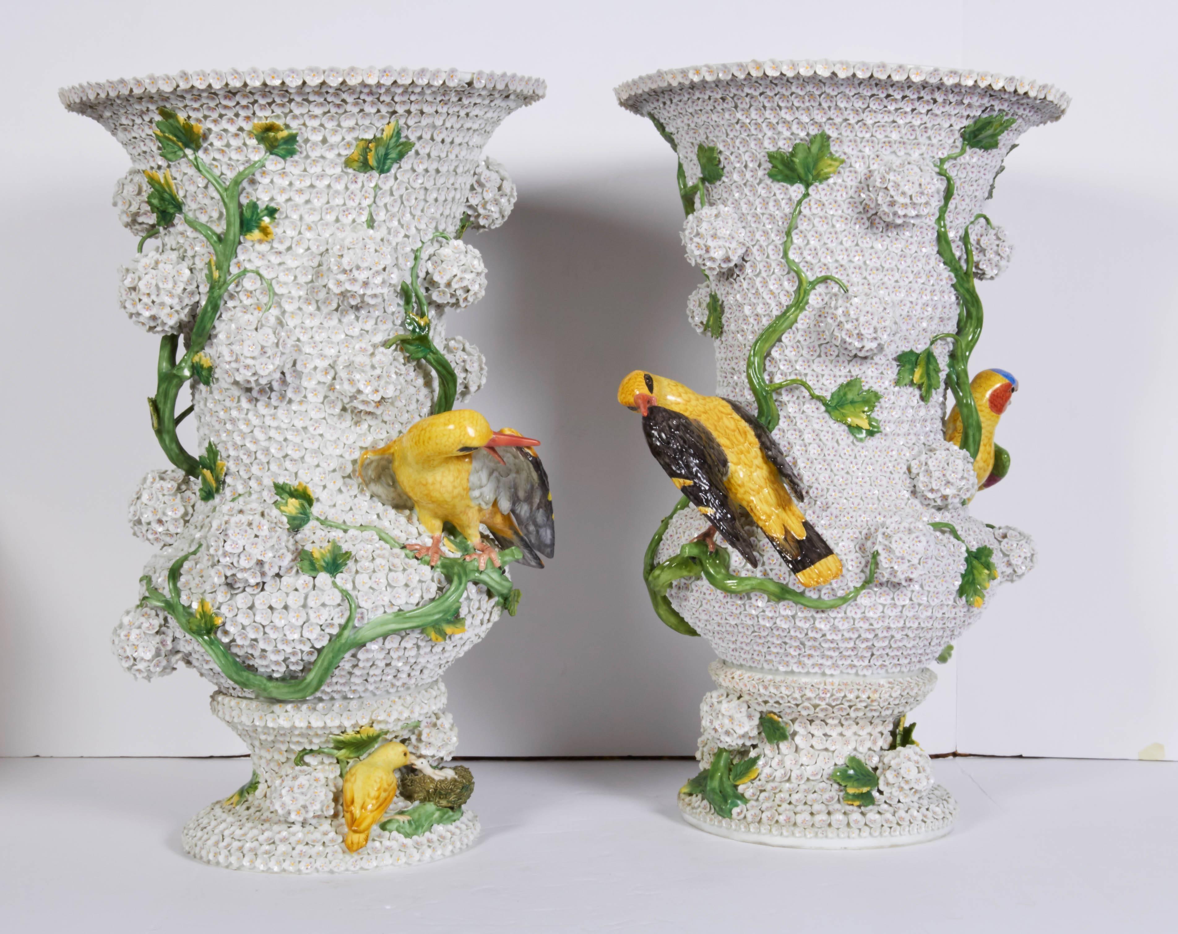 Rococo Paire monumentale de vases boule de neige en porcelaine de Meissen aux perroquets et oiseaux