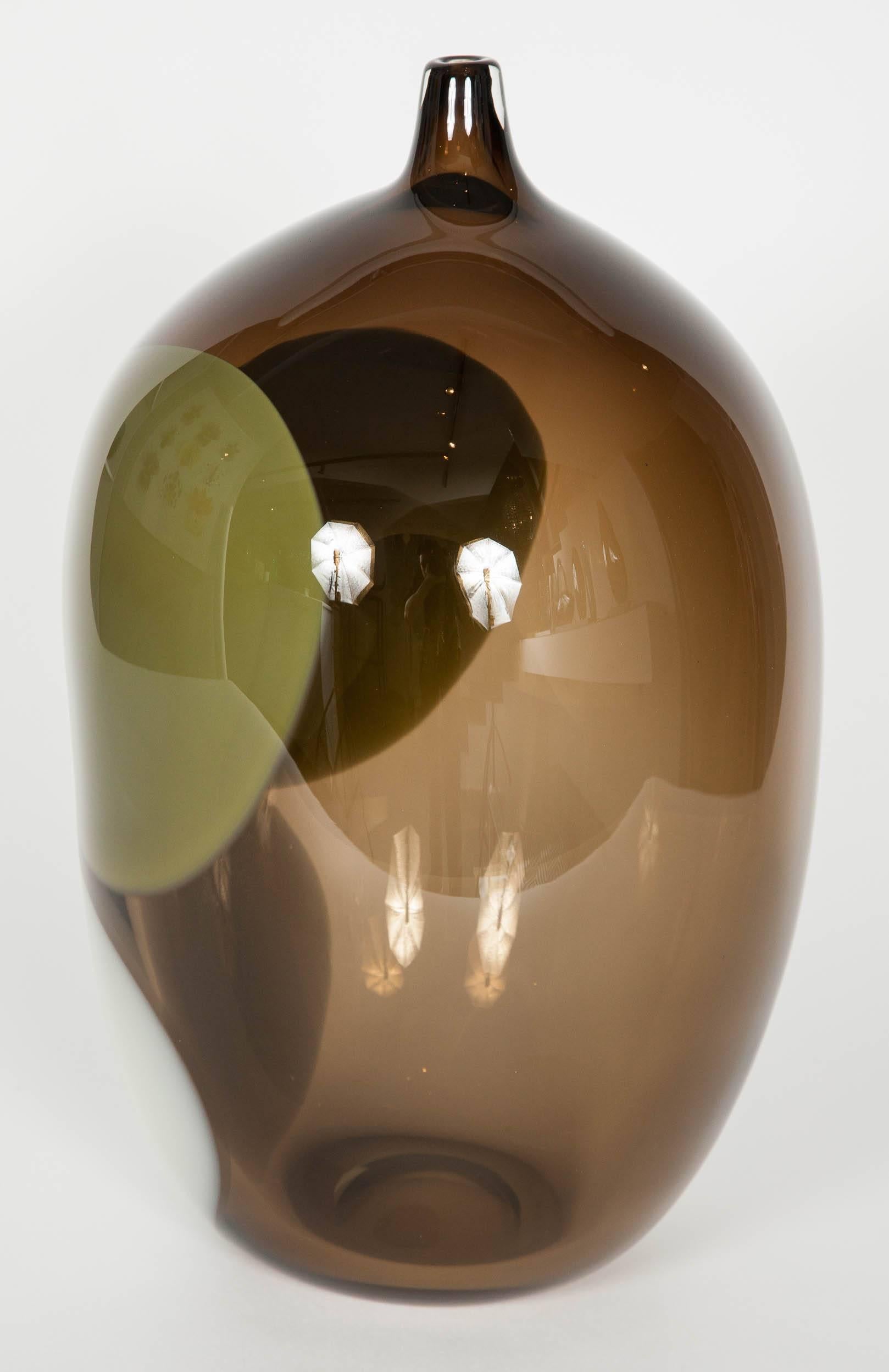 Organic Modern Trillium, a Unique Tobacco Brown, Green & Alabaster Glass Vase by Gunnel Sahlin