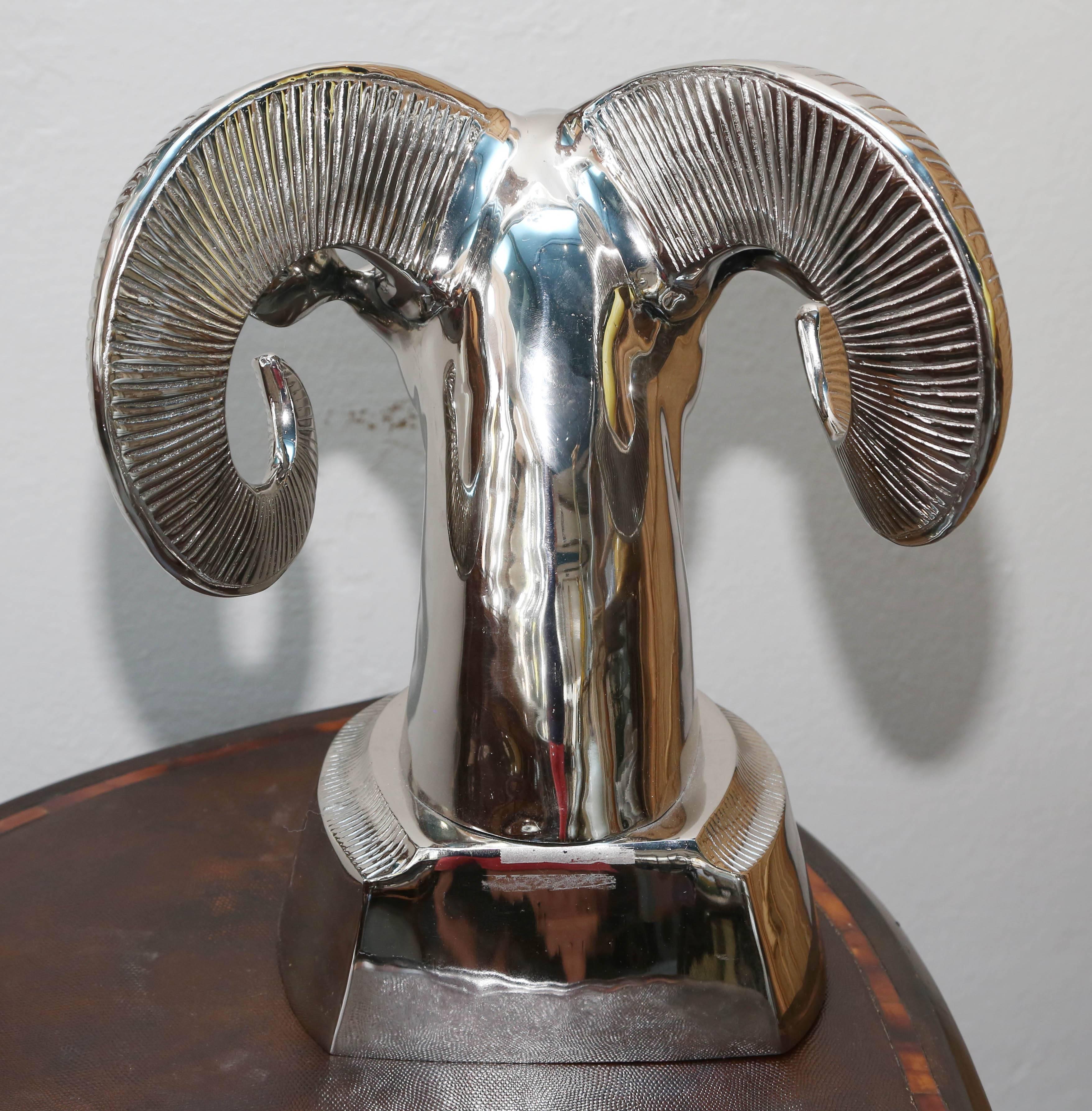 Large Mid-Century Nickel-Plated Ram's Head In Good Condition In West Palm Beach, FL