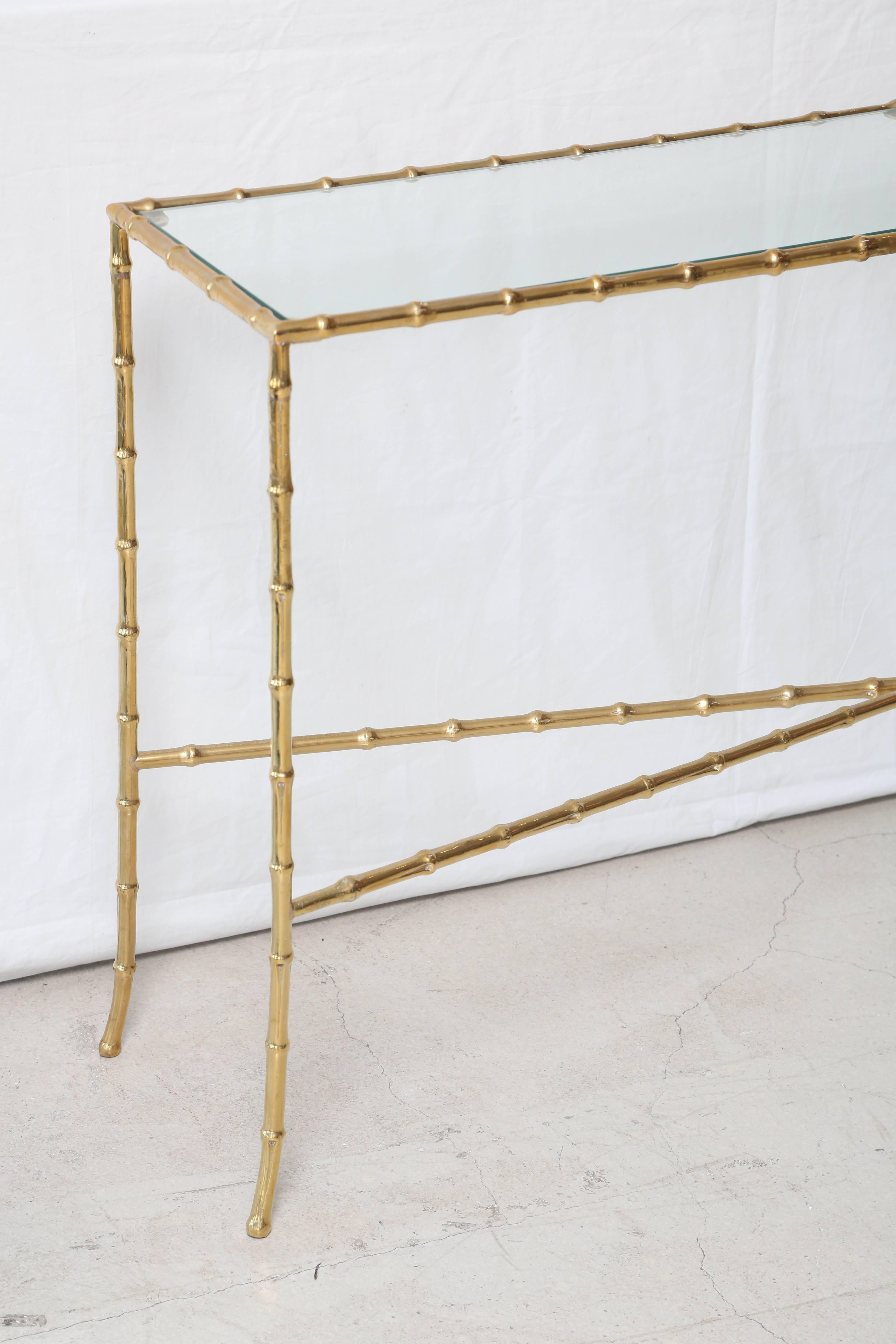 Mid-Century Modern Italian Brass Faux Bamboo Cross Base Rectangular Console with Glass Top For Sale