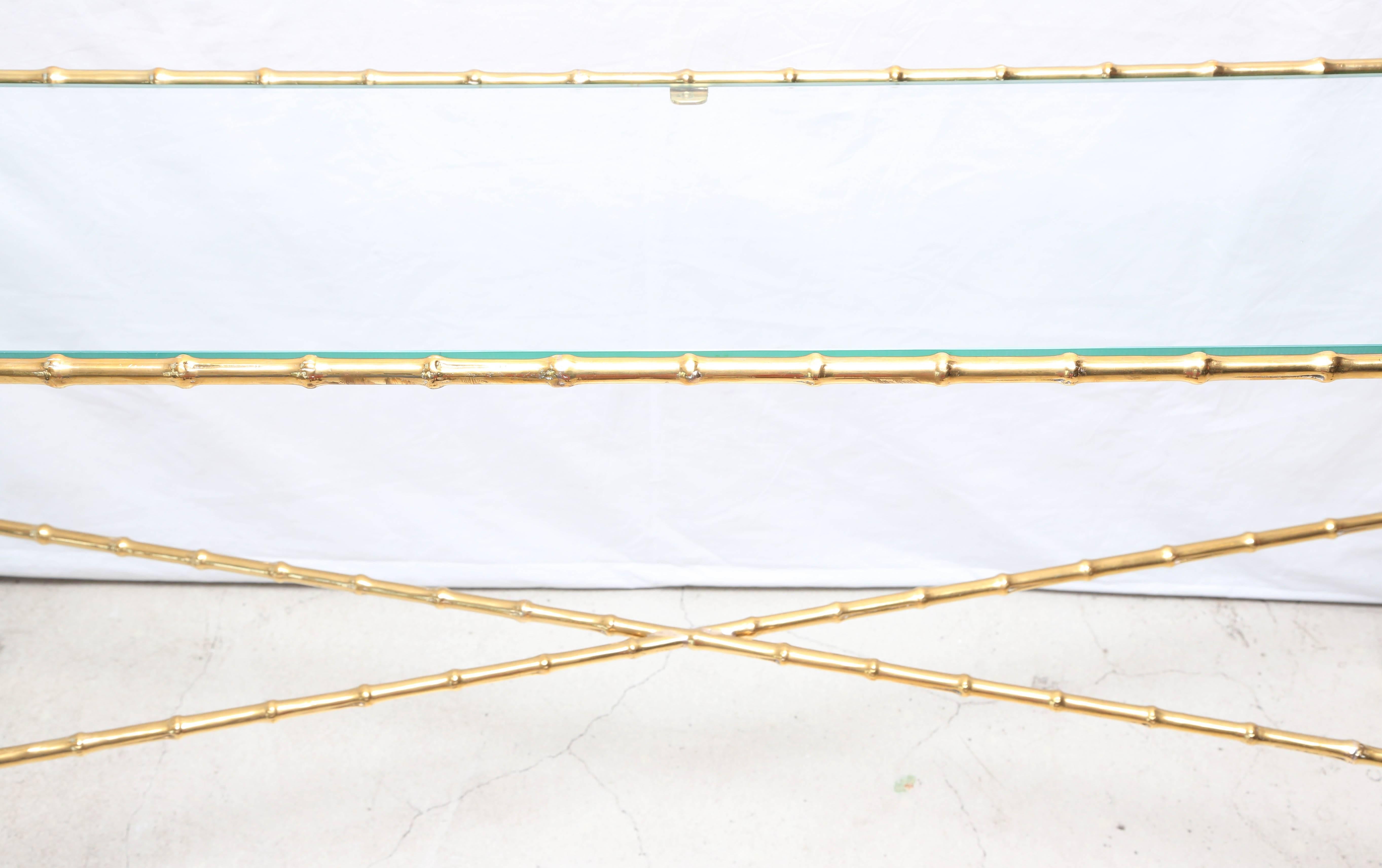 20th Century Italian Brass Faux Bamboo Cross Base Rectangular Console with Glass Top For Sale