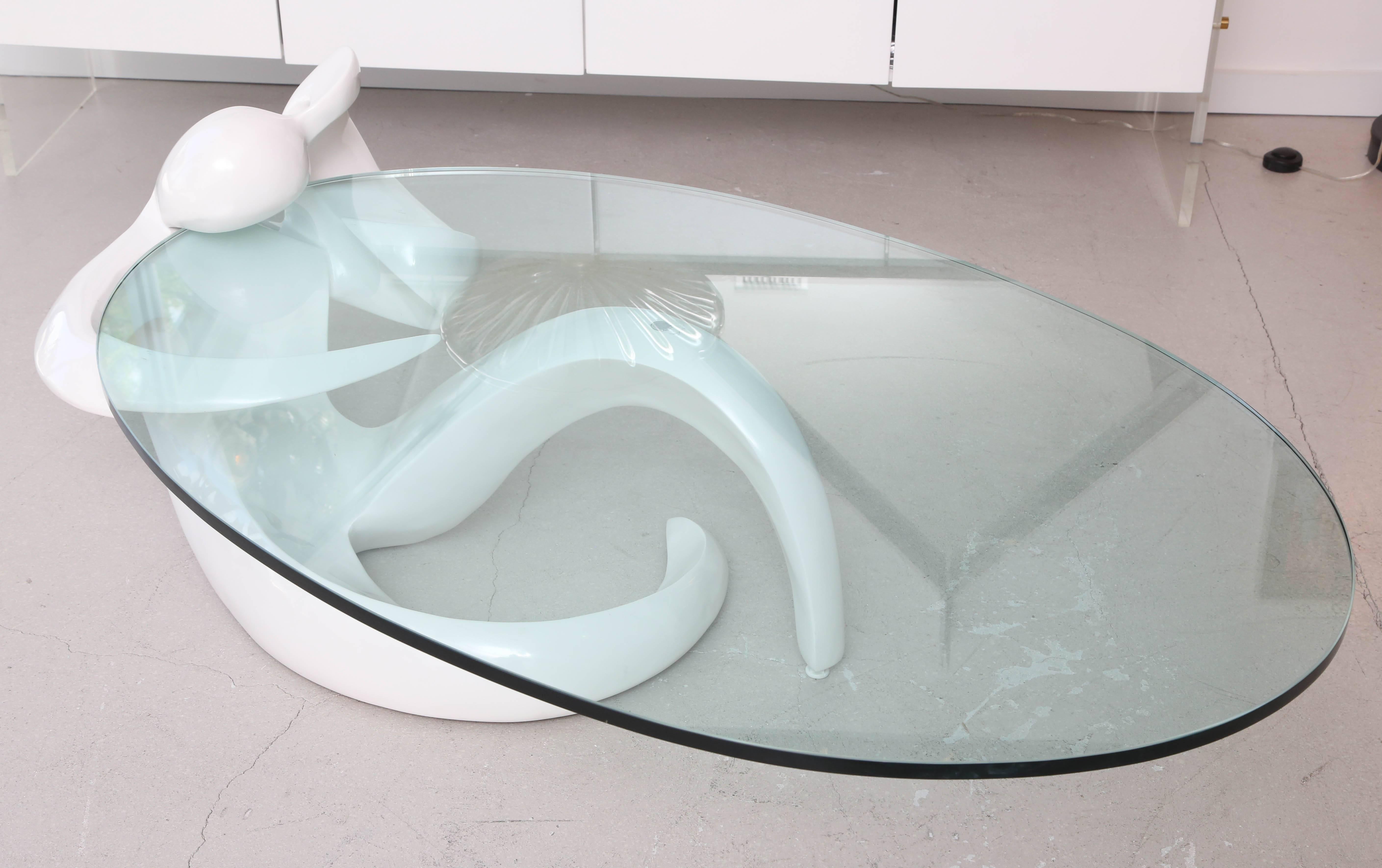 American White Lacquered Figural Coffee Table with Oval Cantilevered Glass Top For Sale