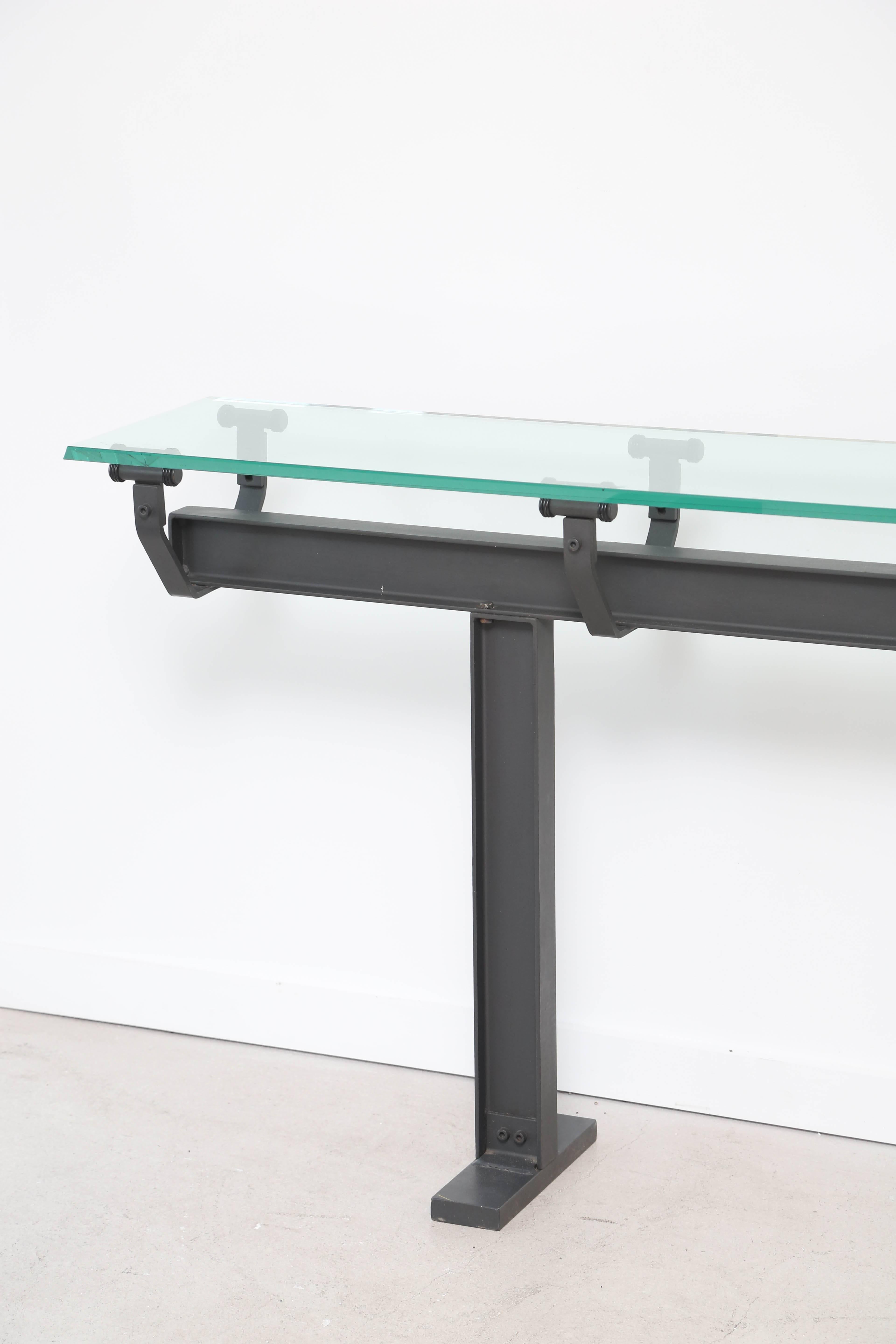 Mid-Century Modern Long Vintage Industrial Iron Console with Glass Top