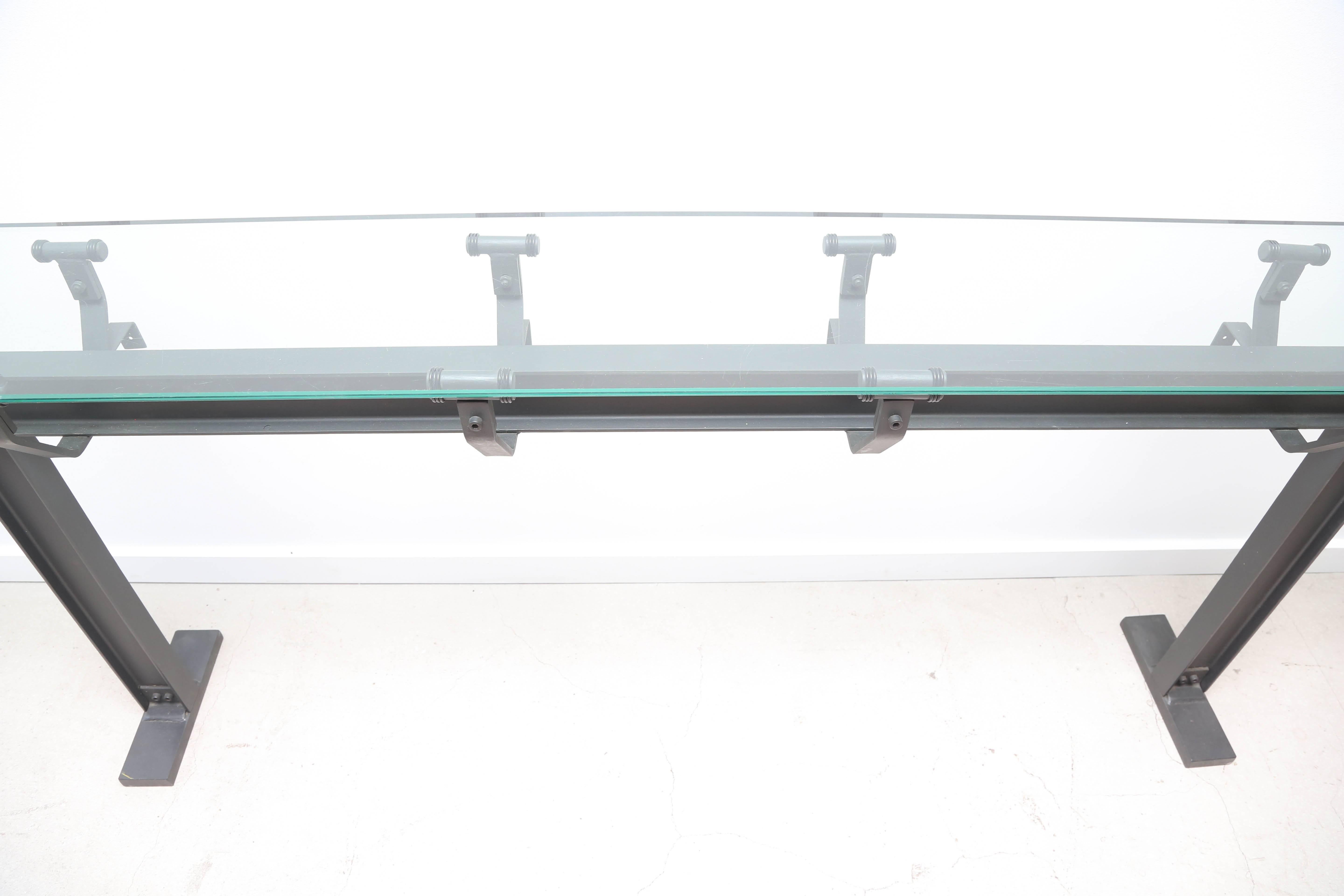 Long Vintage Industrial Iron Console with Glass Top In Good Condition In West Palm Beach, FL