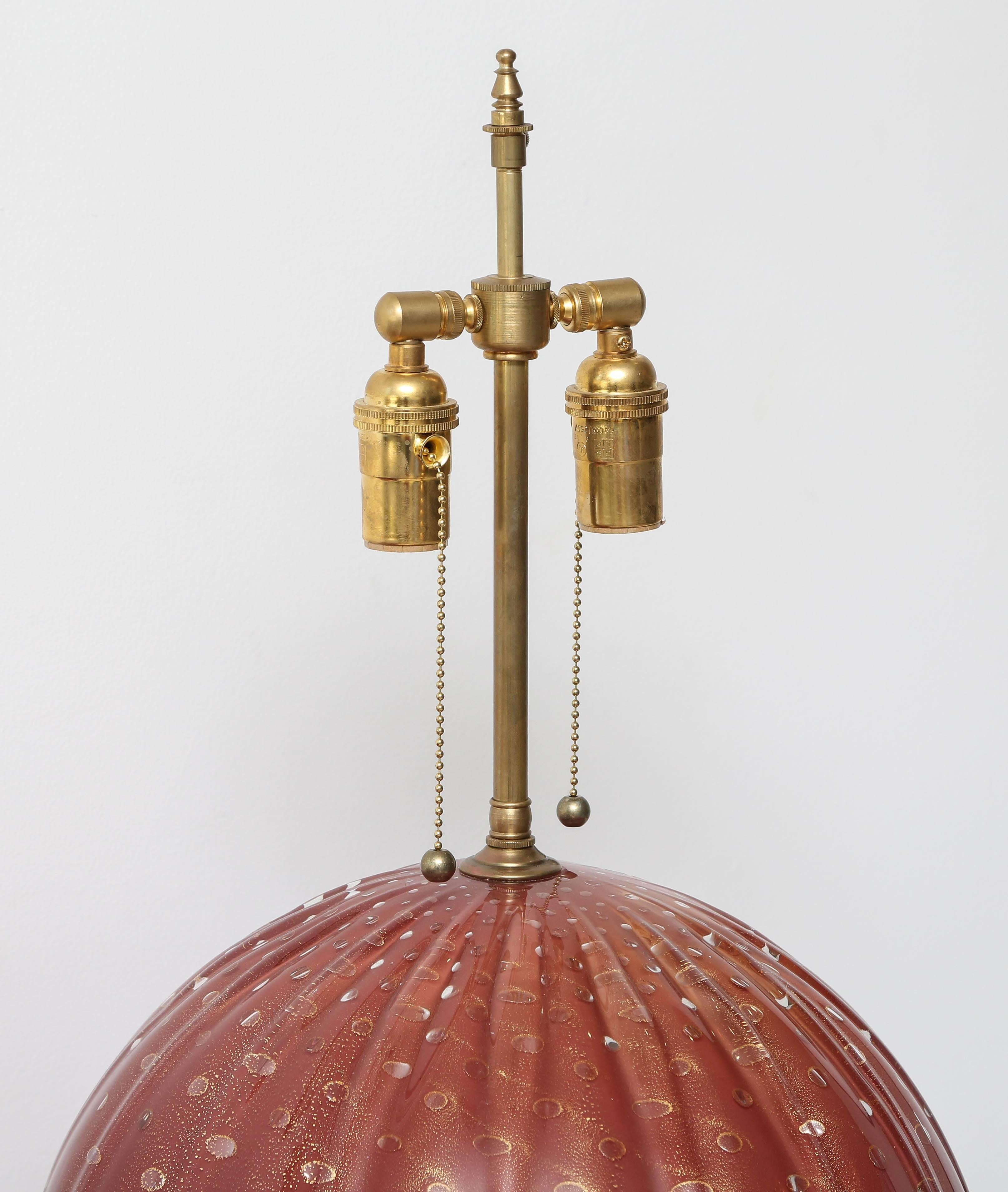Mid-Century Modern Pair of Deep Red Circular Murano Glass Lamps