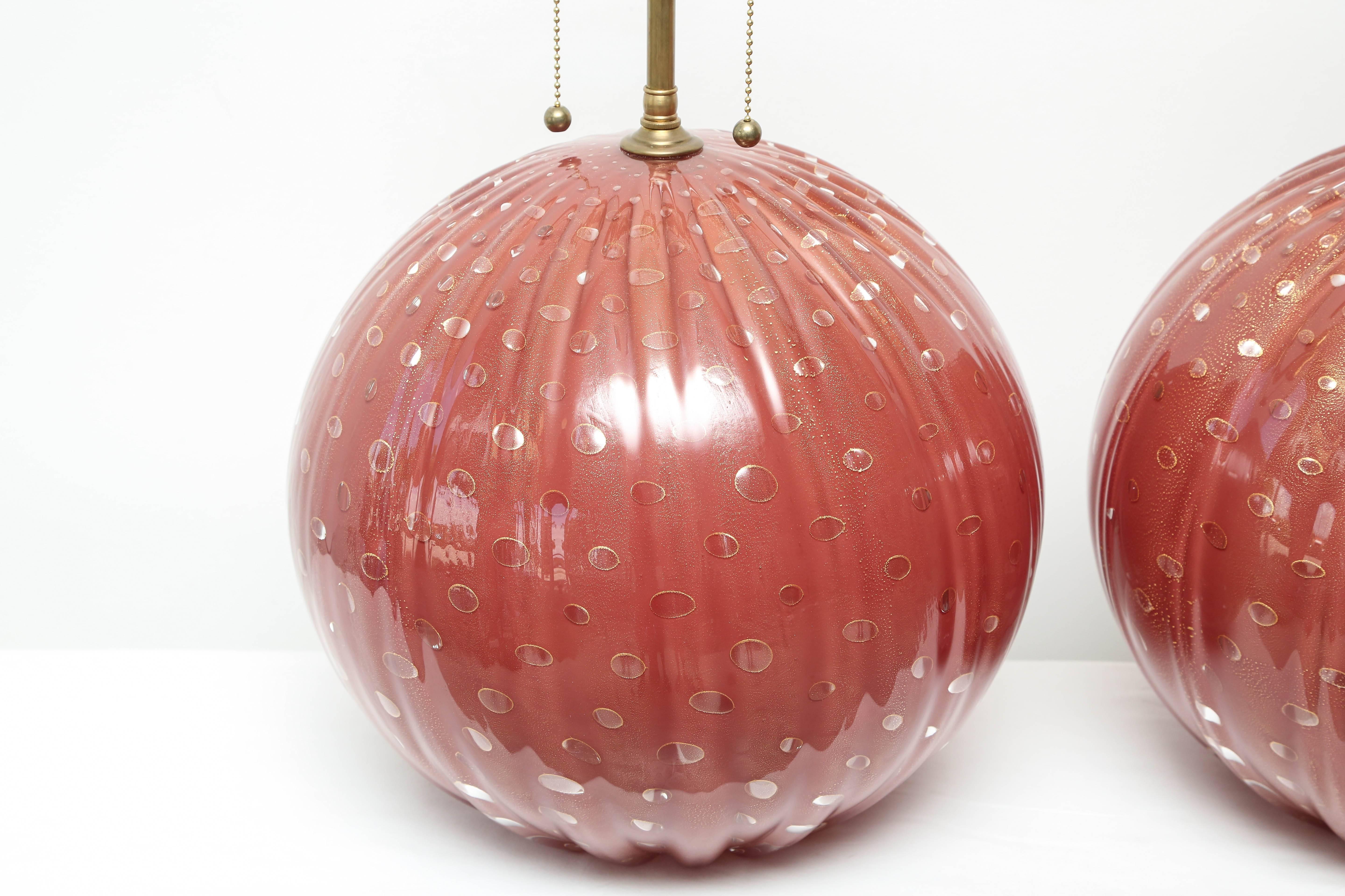 Italian Pair of Deep Red Circular Murano Glass Lamps