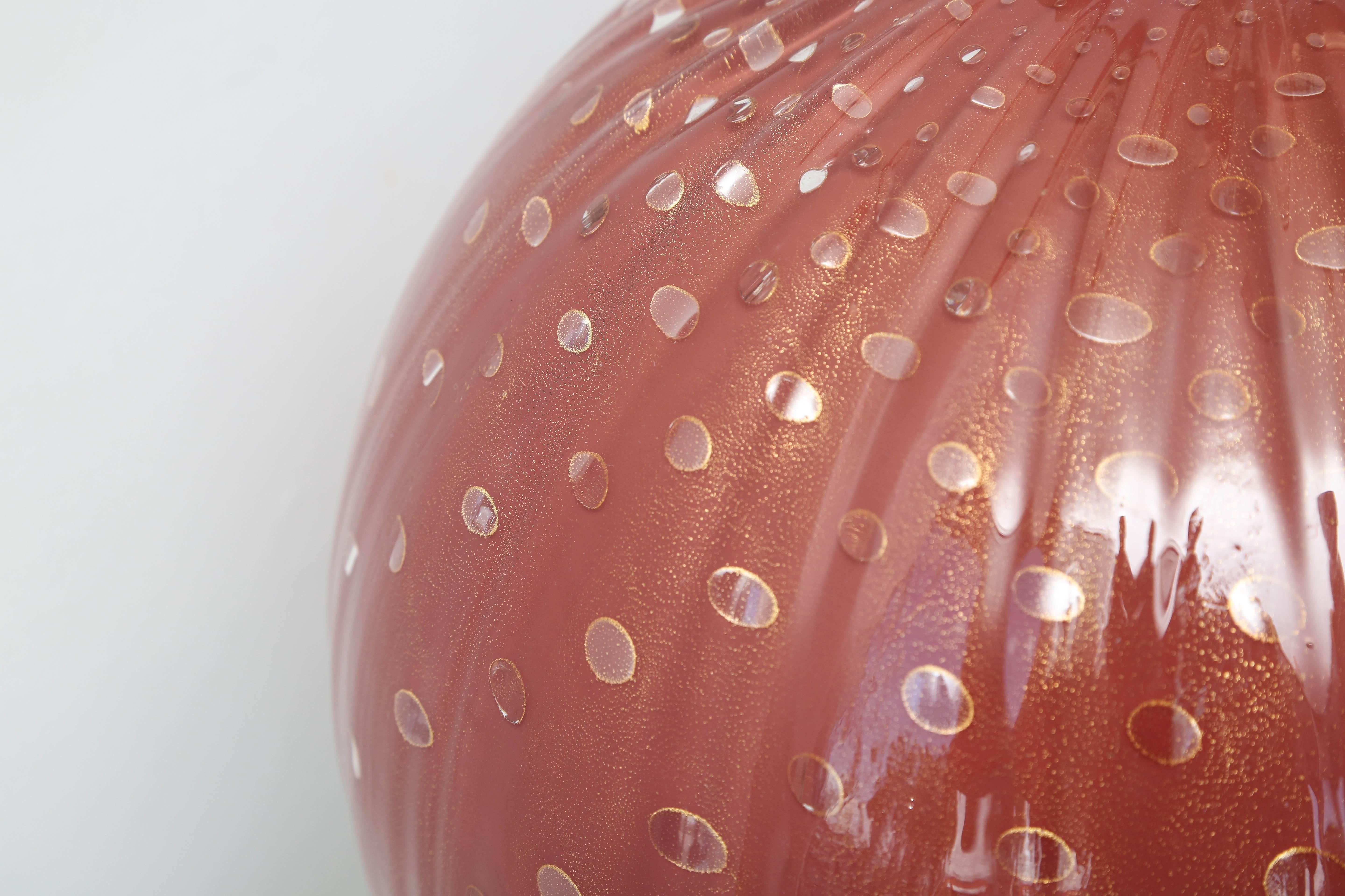 Brass Pair of Deep Red Circular Murano Glass Lamps