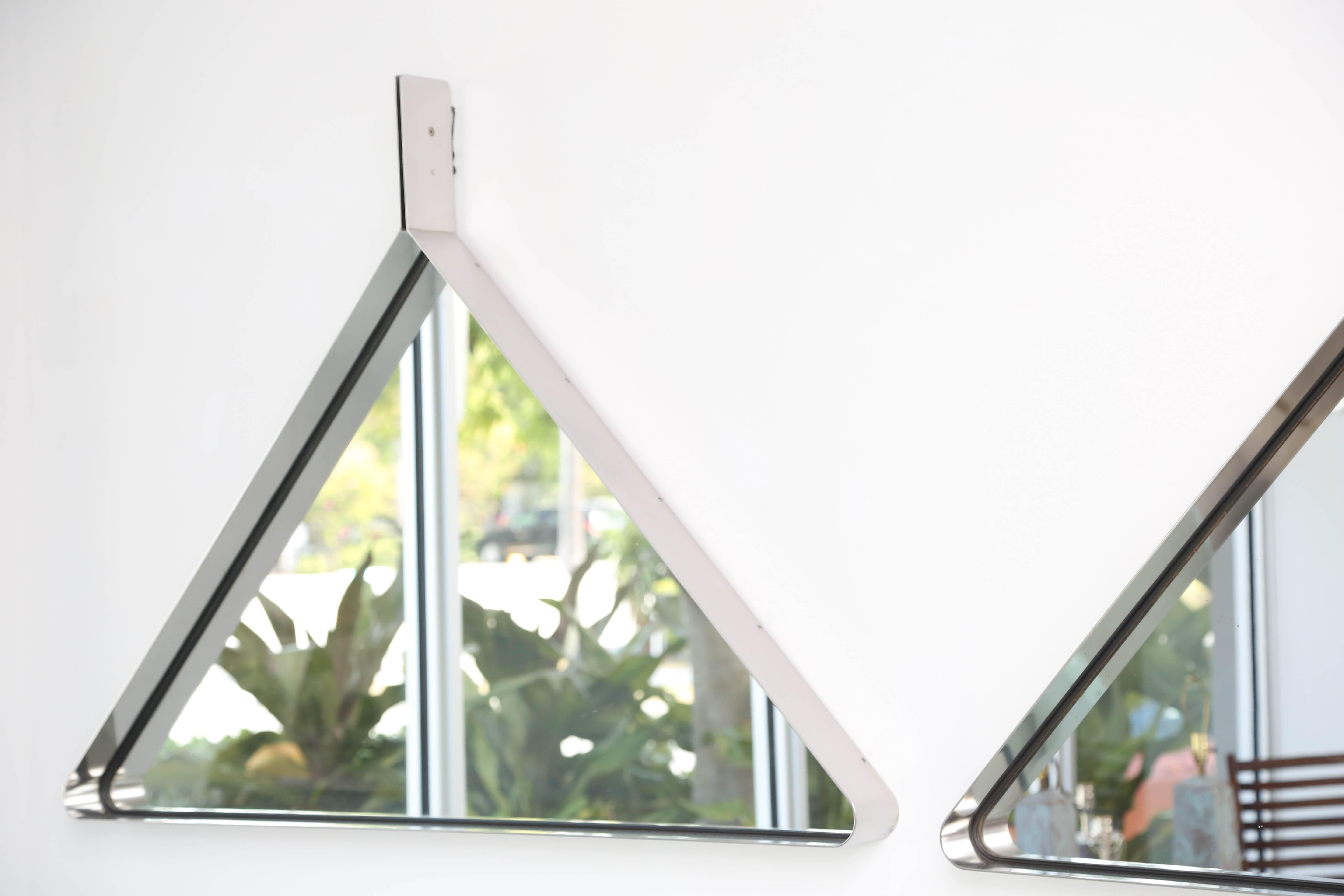 Mid-Century Modern Pair of Triangular Steel Mirrors in the Manner of Willy Rizzo For Sale