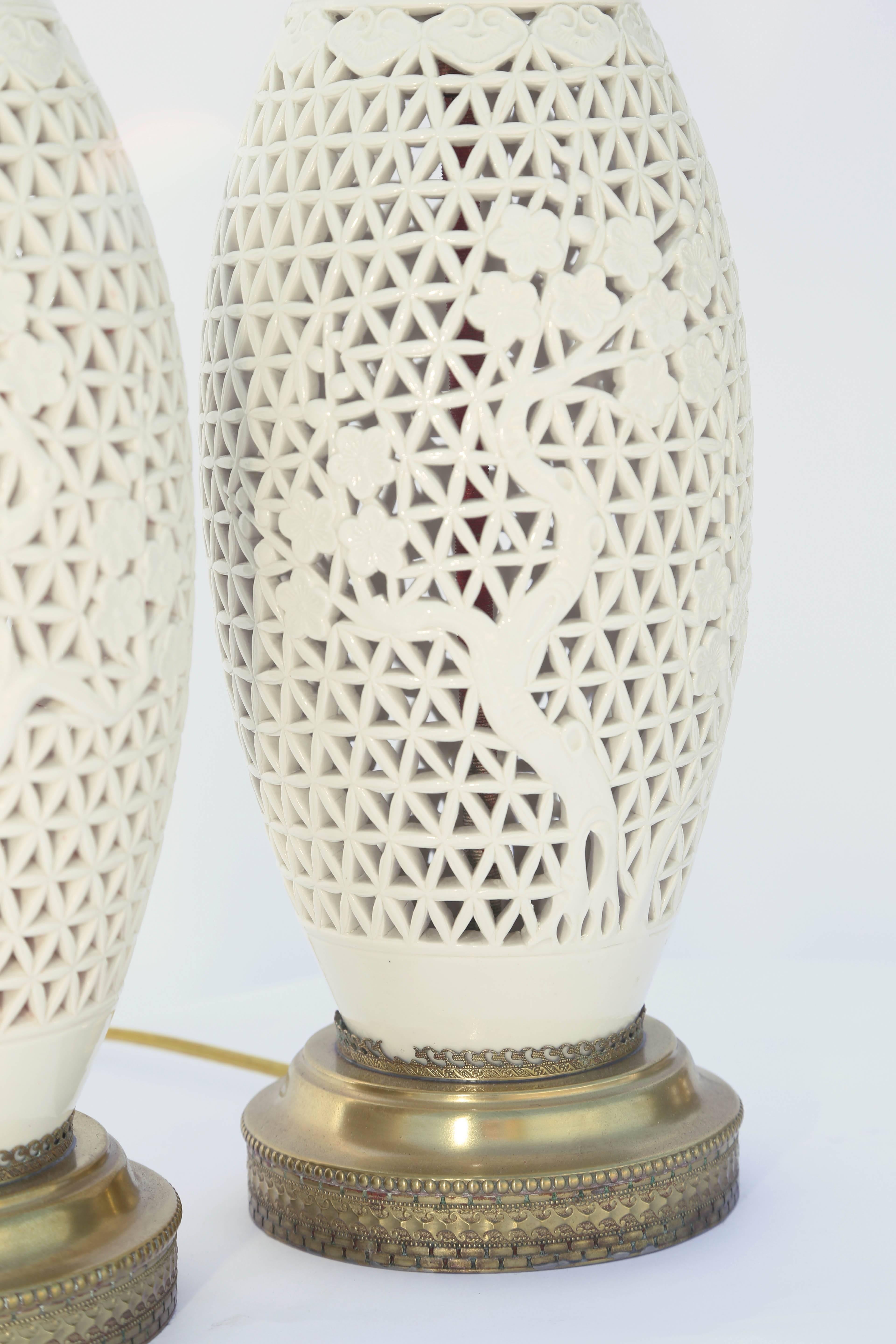 Glazed Pair of Vintage Blanc De Chine Piercework Vase Lamps