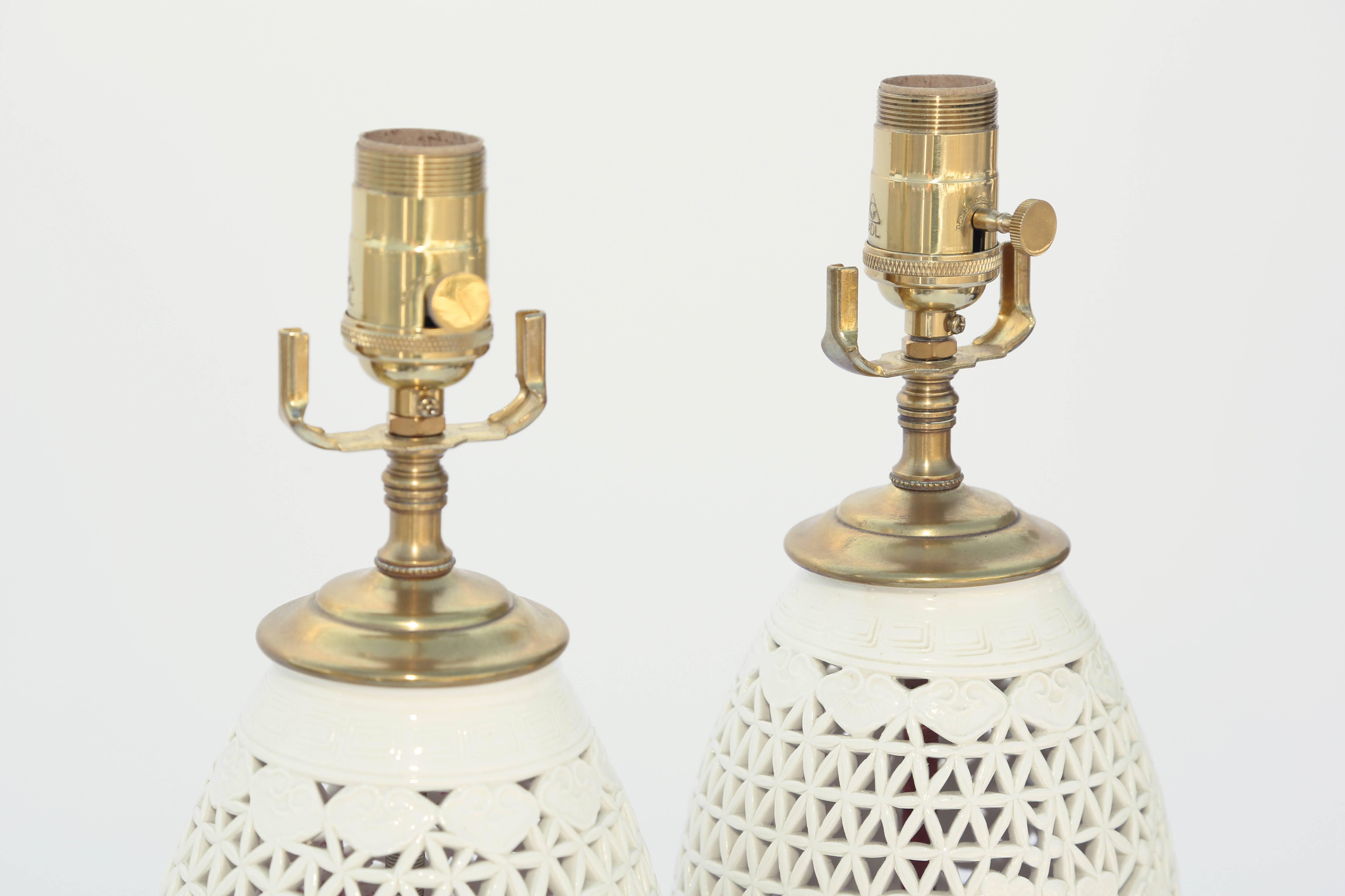 Pair of Vintage Blanc De Chine Piercework Vase Lamps In Excellent Condition In West Palm Beach, FL