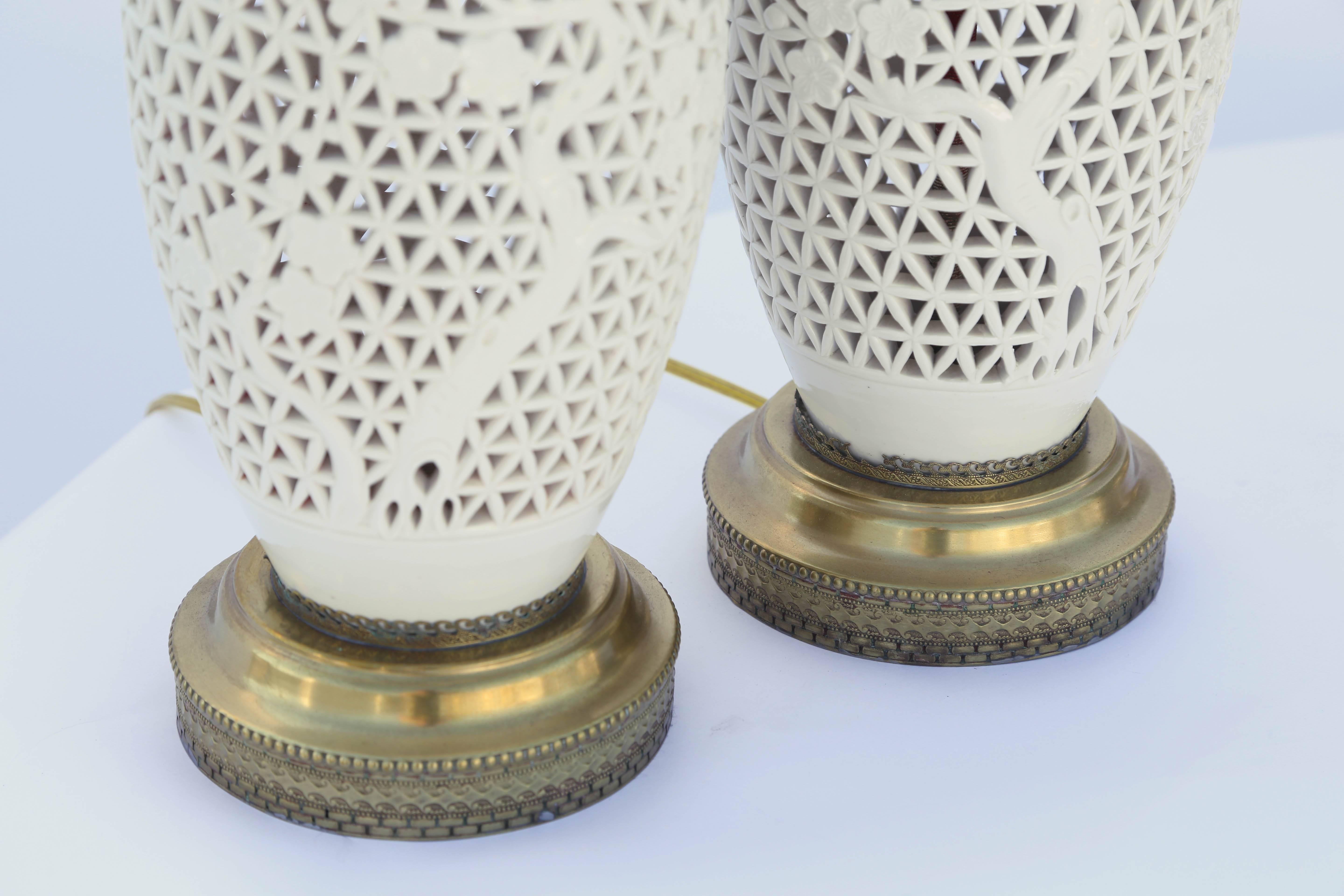 Early 20th Century Pair of Vintage Blanc De Chine Piercework Vase Lamps