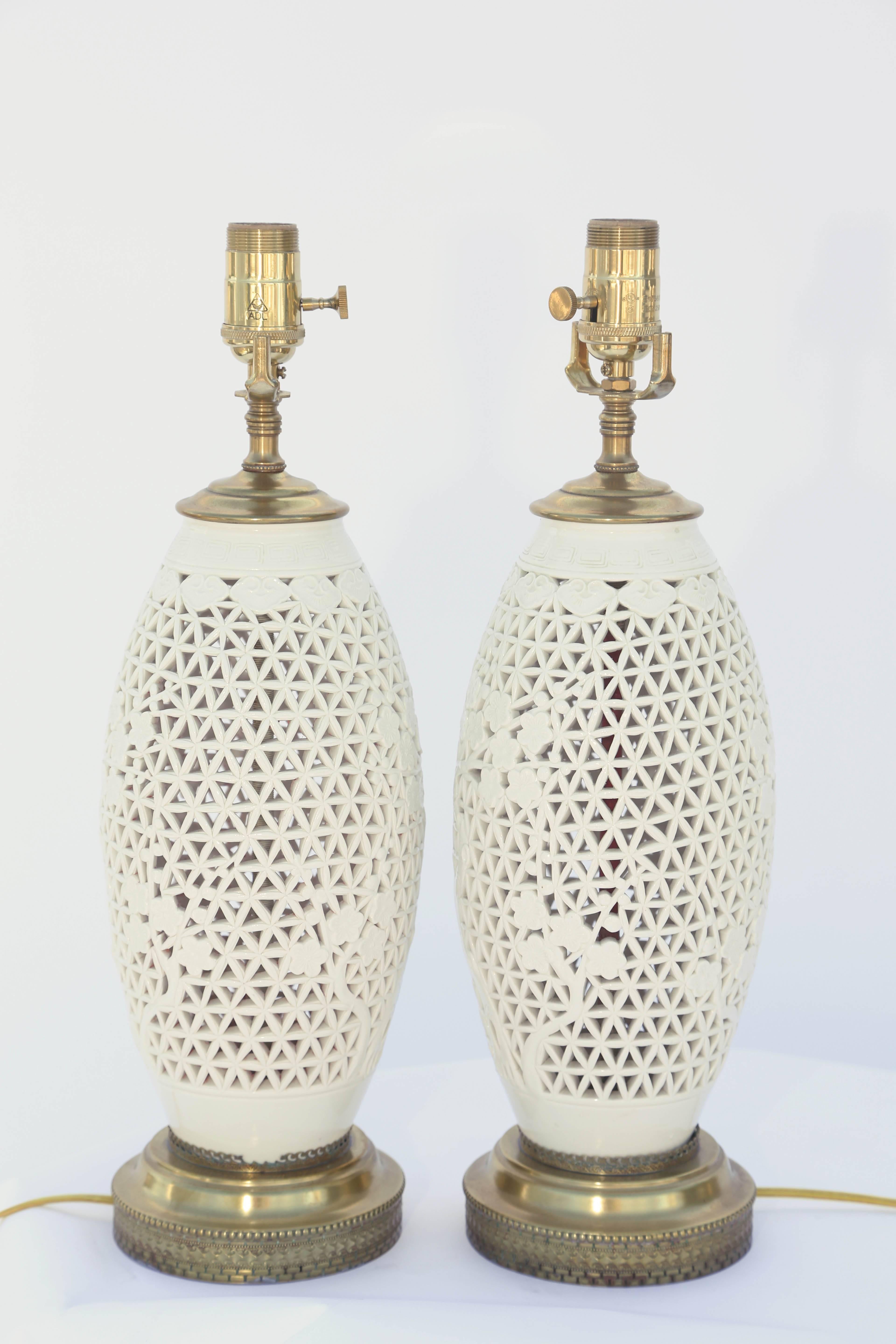 Porcelain Pair of Vintage Blanc De Chine Piercework Vase Lamps