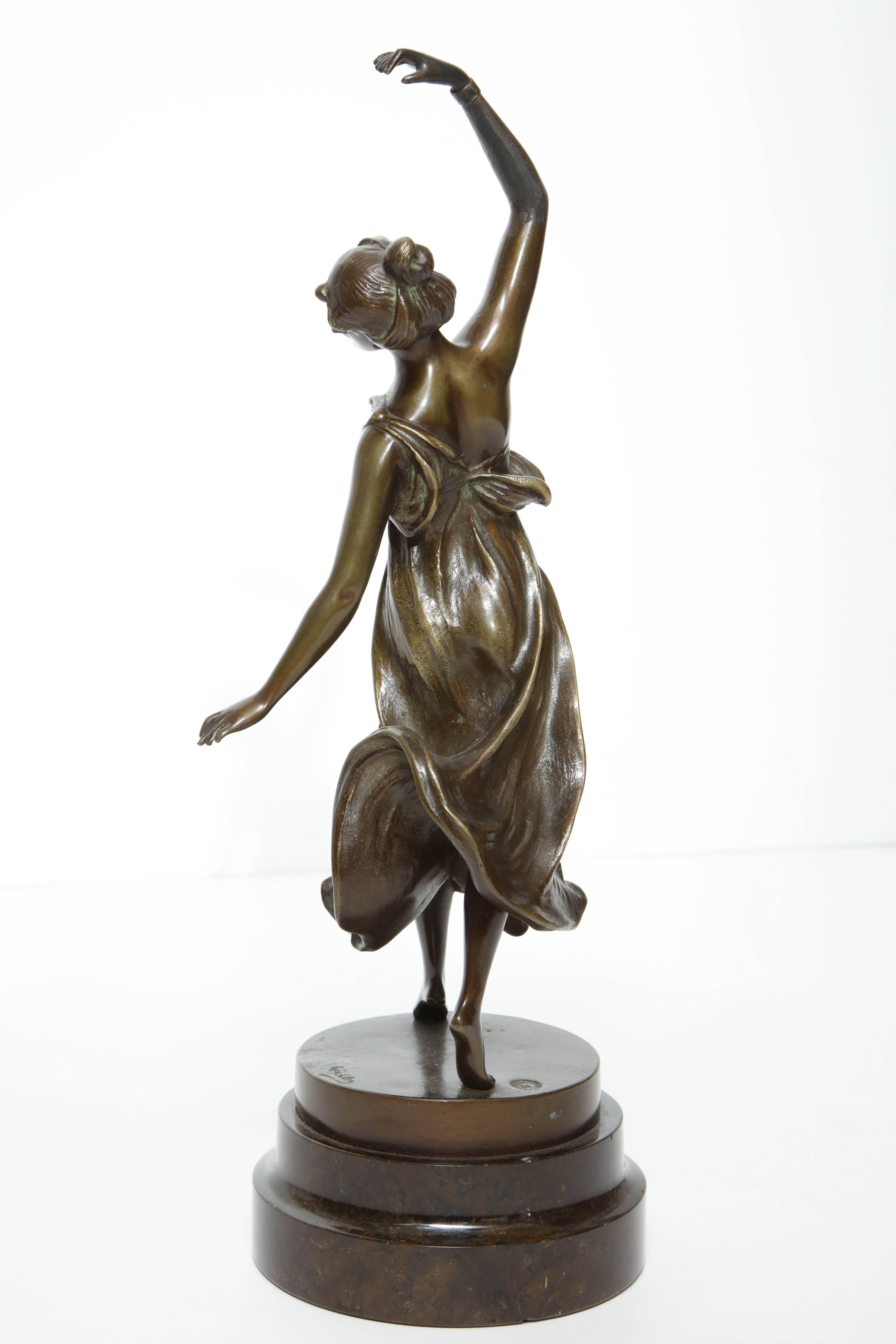 Art Nouveau Bronze of Dancing Woman with Raised Arm by Rudolf Kuchker