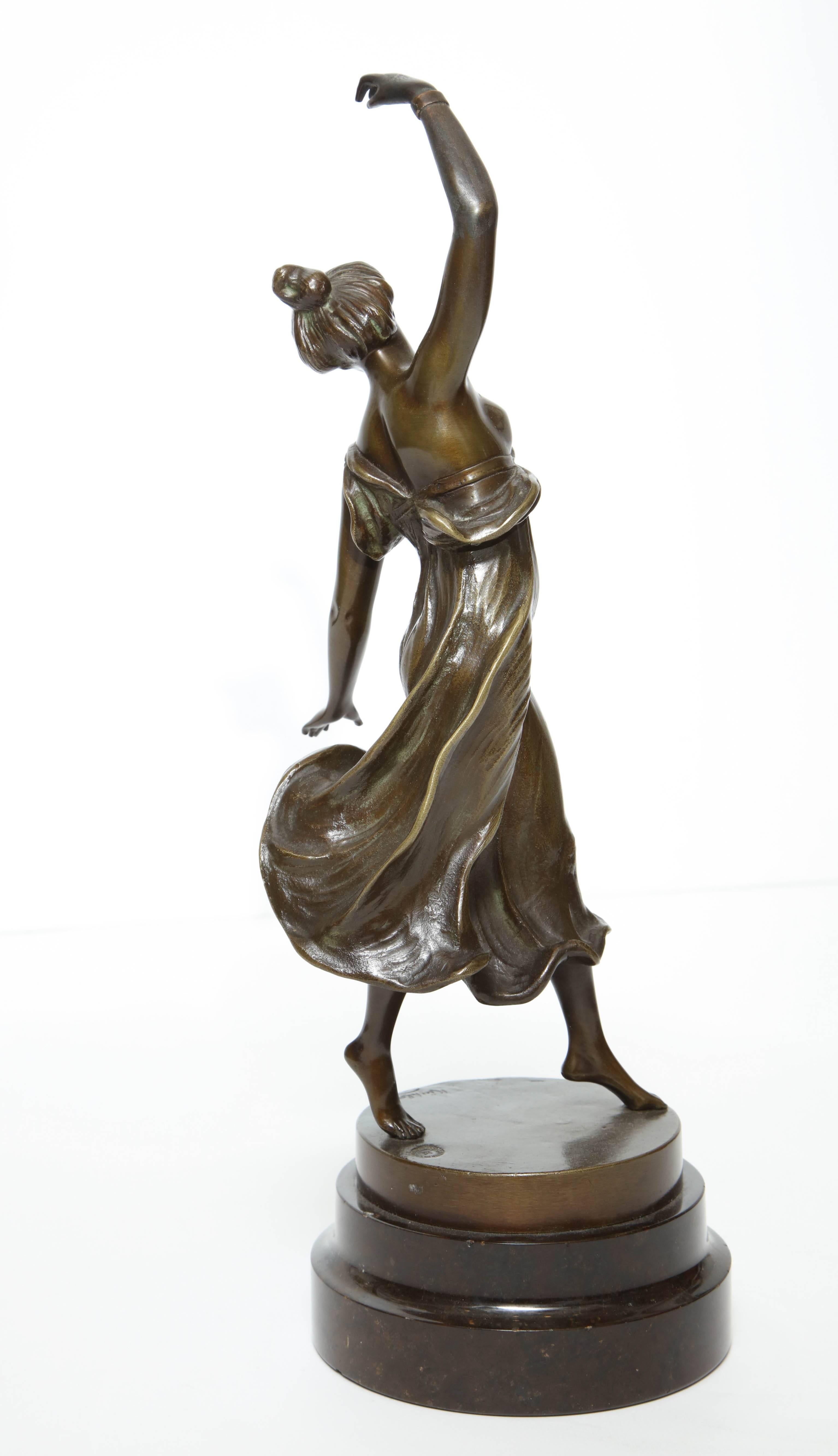 French Bronze of Dancing Woman with Raised Arm by Rudolf Kuchker
