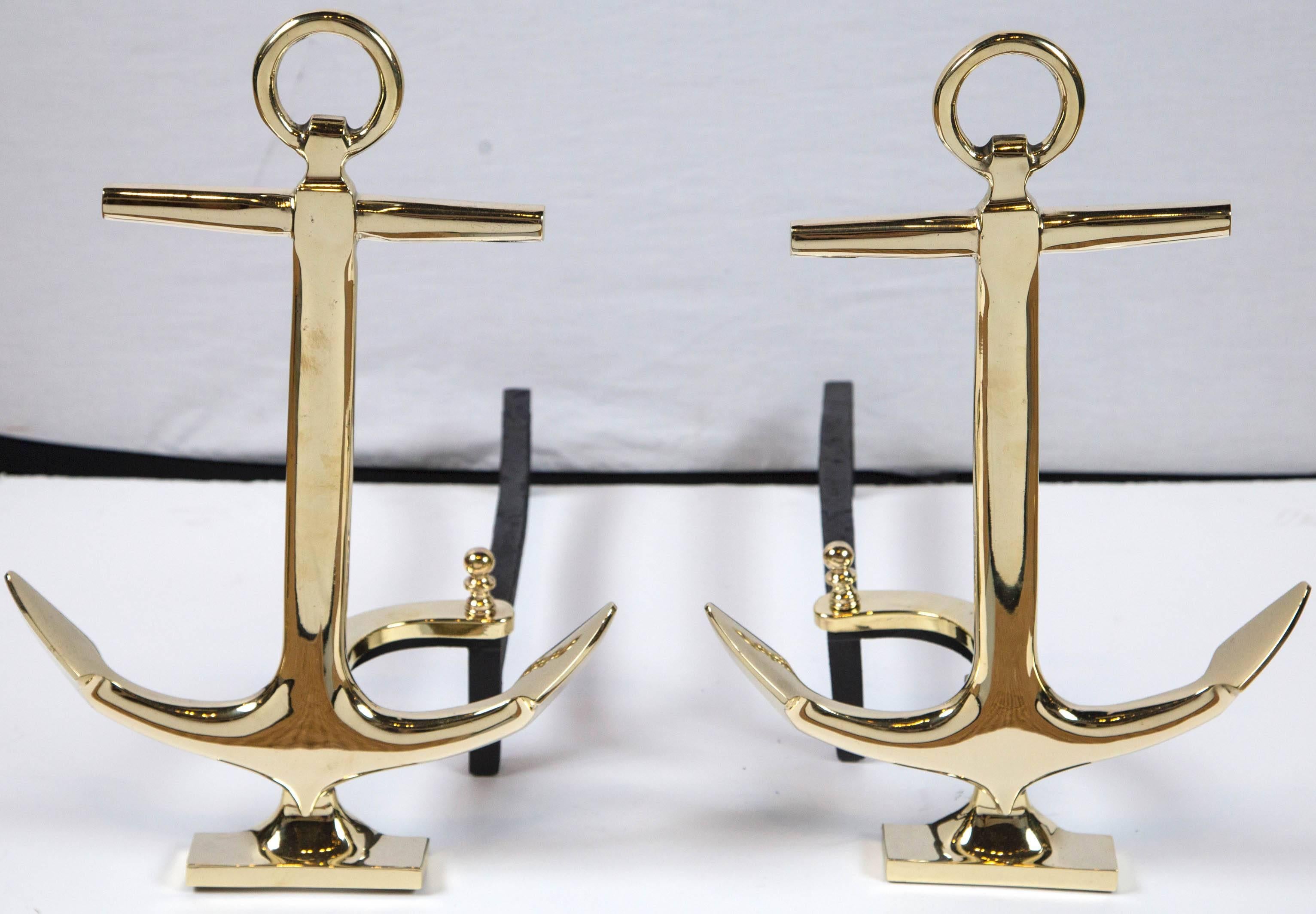 American Pair of Vintage Brass Anchor Andirons, Mid-20th Century