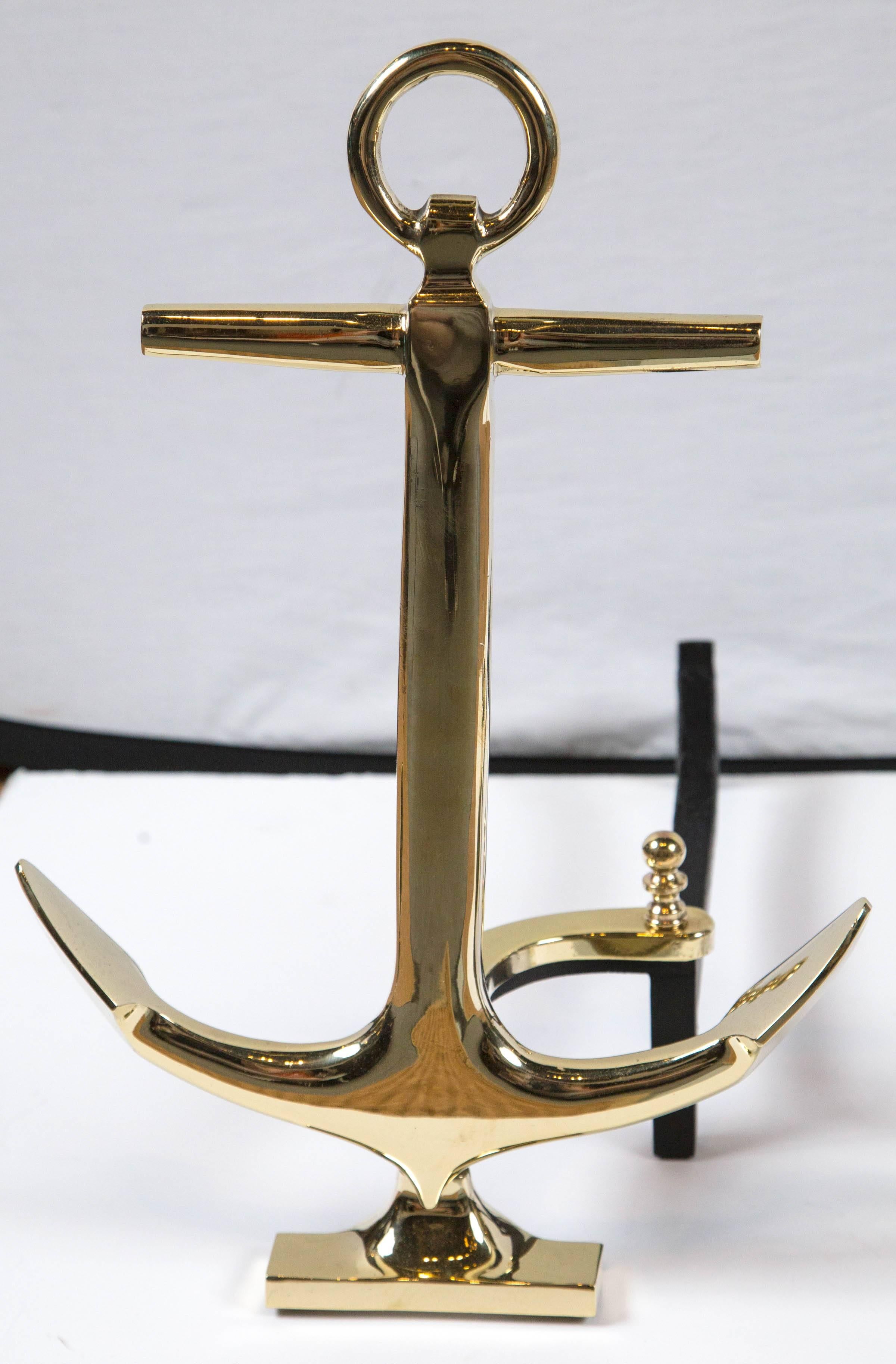 Pair of Vintage Brass Anchor Andirons, Mid-20th Century In Excellent Condition In Chappaqua, NY