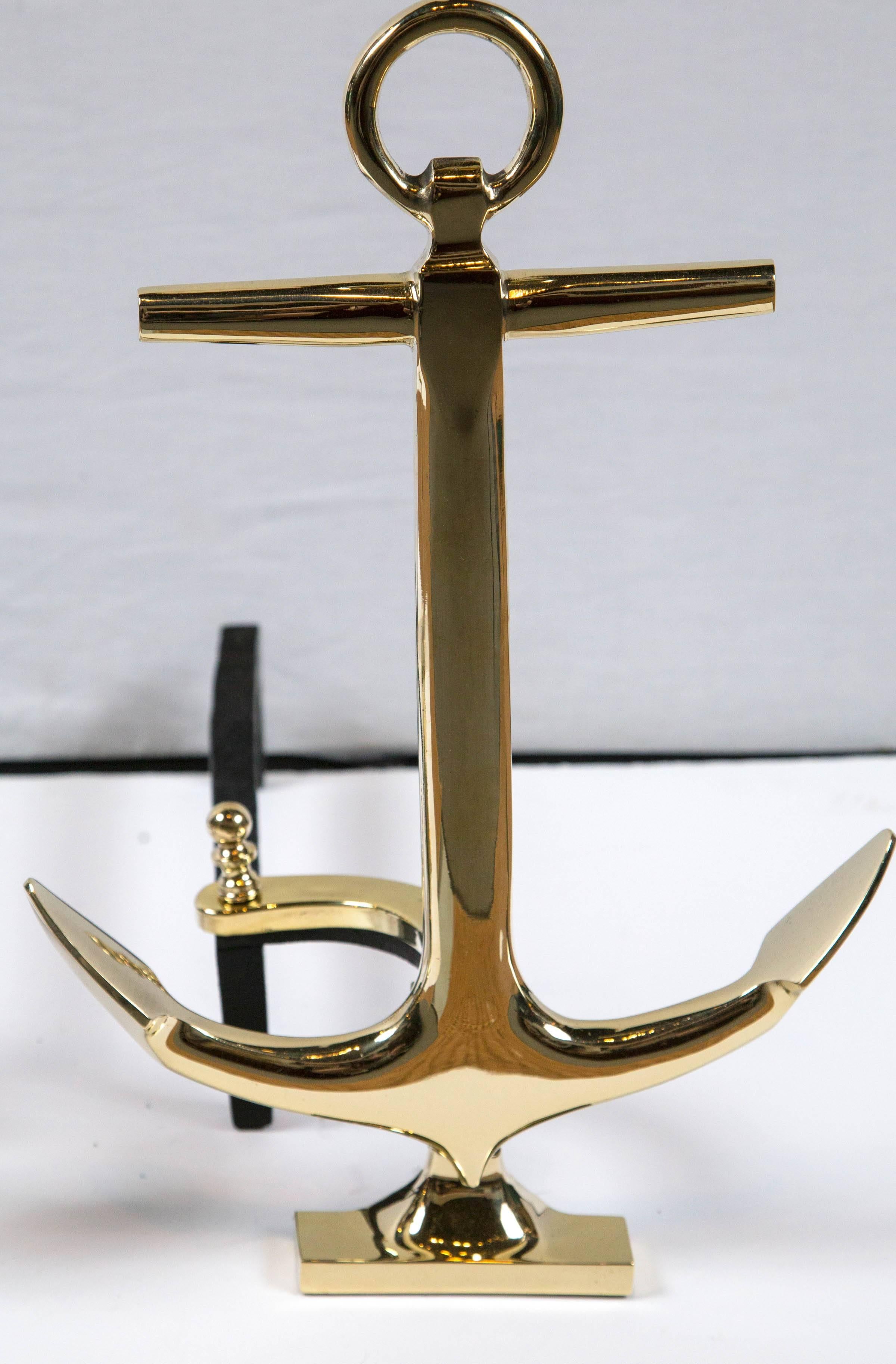 Pair of Vintage Brass Anchor Andirons, Mid-20th Century 1