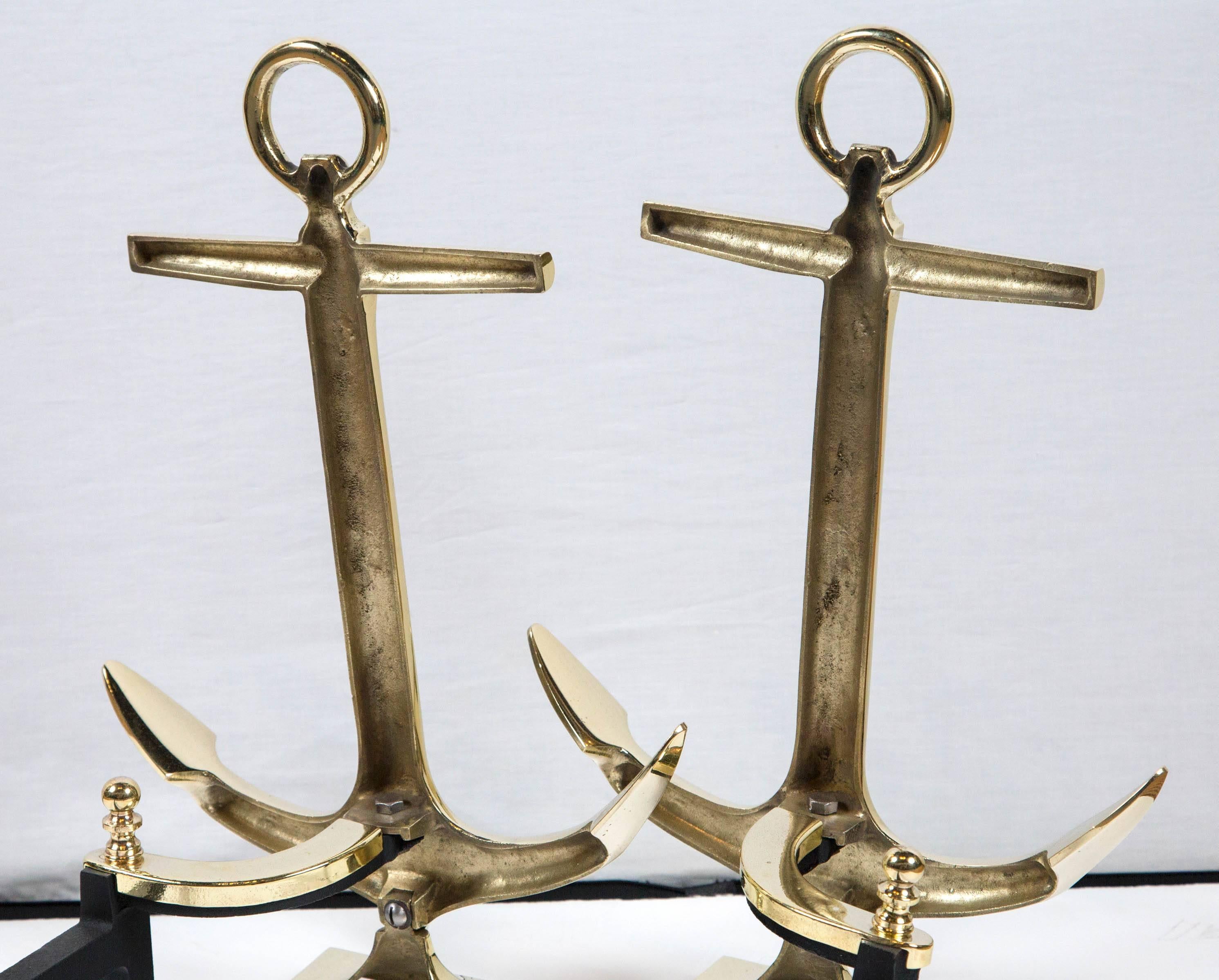 Pair of Vintage Brass Anchor Andirons, Mid-20th Century 2